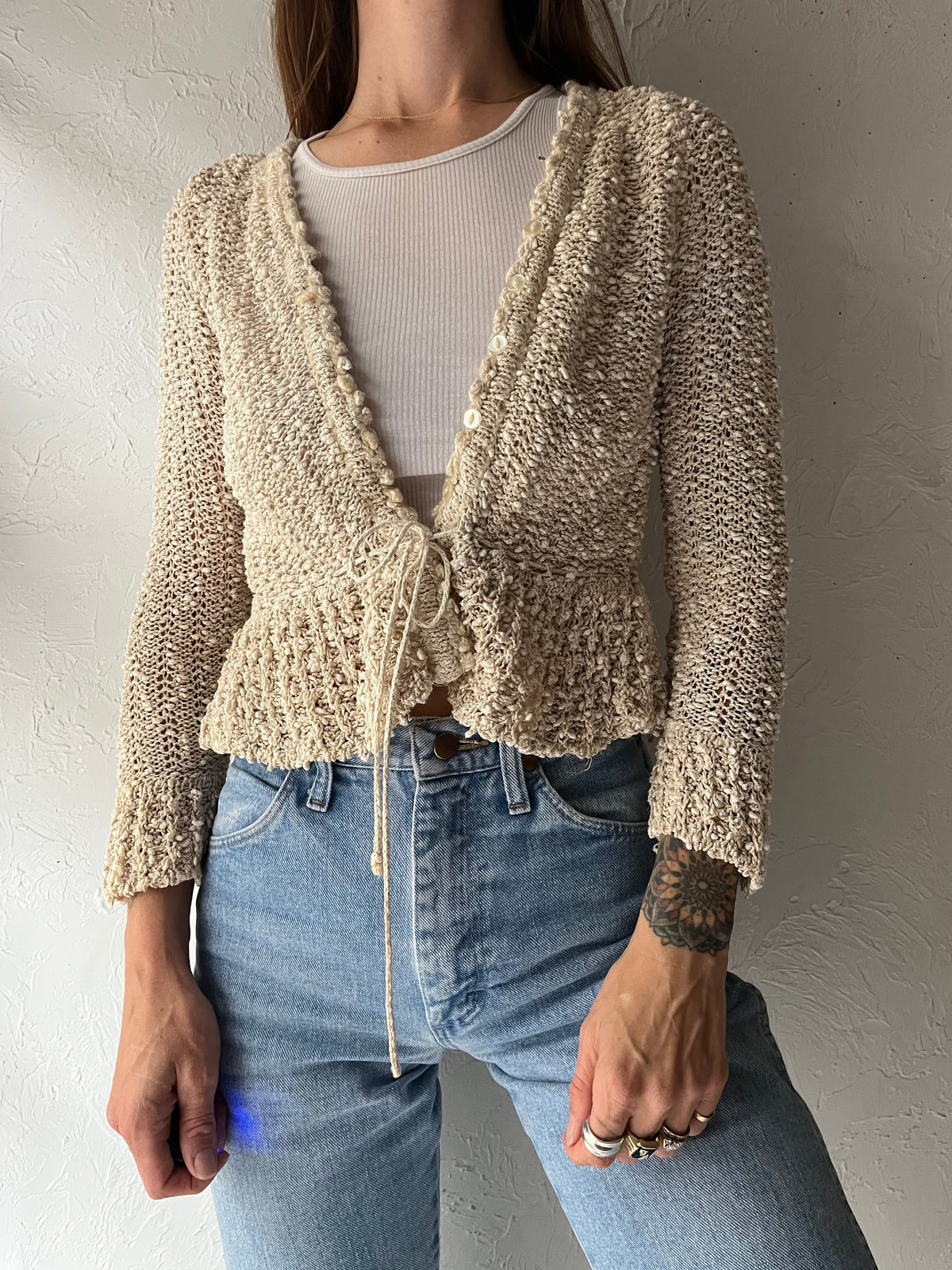70s 'Pallas' Long Sleeve Linen Cardigan Sweater / Small