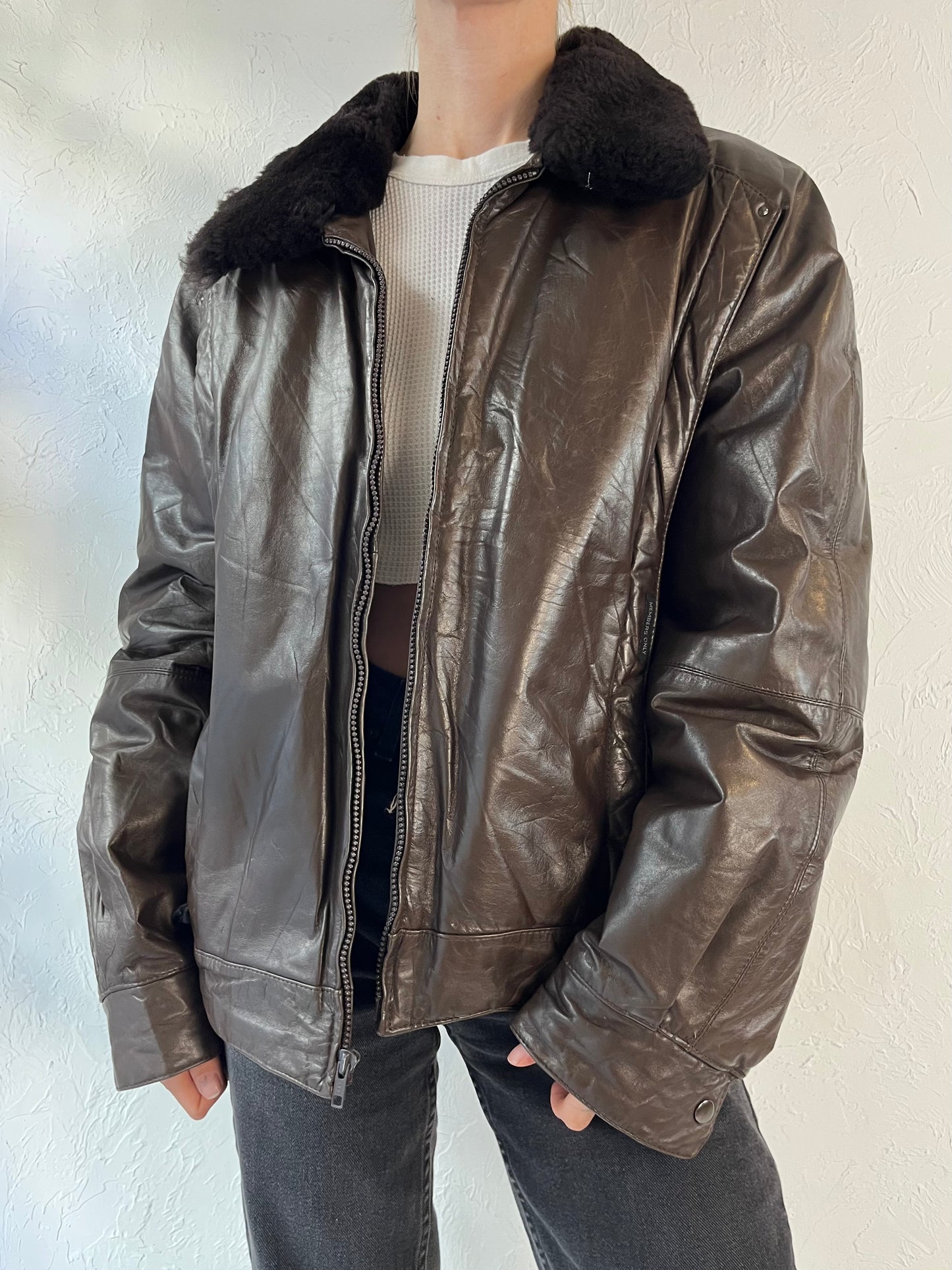 90s 'Members Only' Brown Leather Flight Jacket / Large