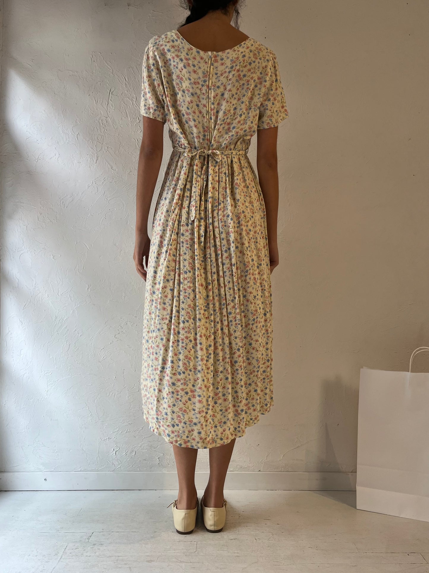 90s 'Erika' Pale Yellow Floral Print Rayon Dress / Medium