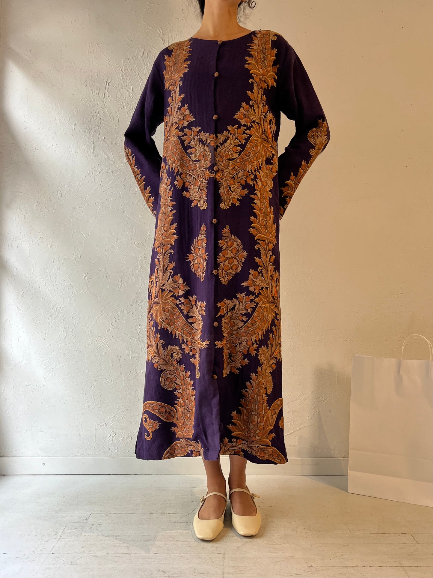 70s Long Purple Embroidered Cloak Coat / Medium