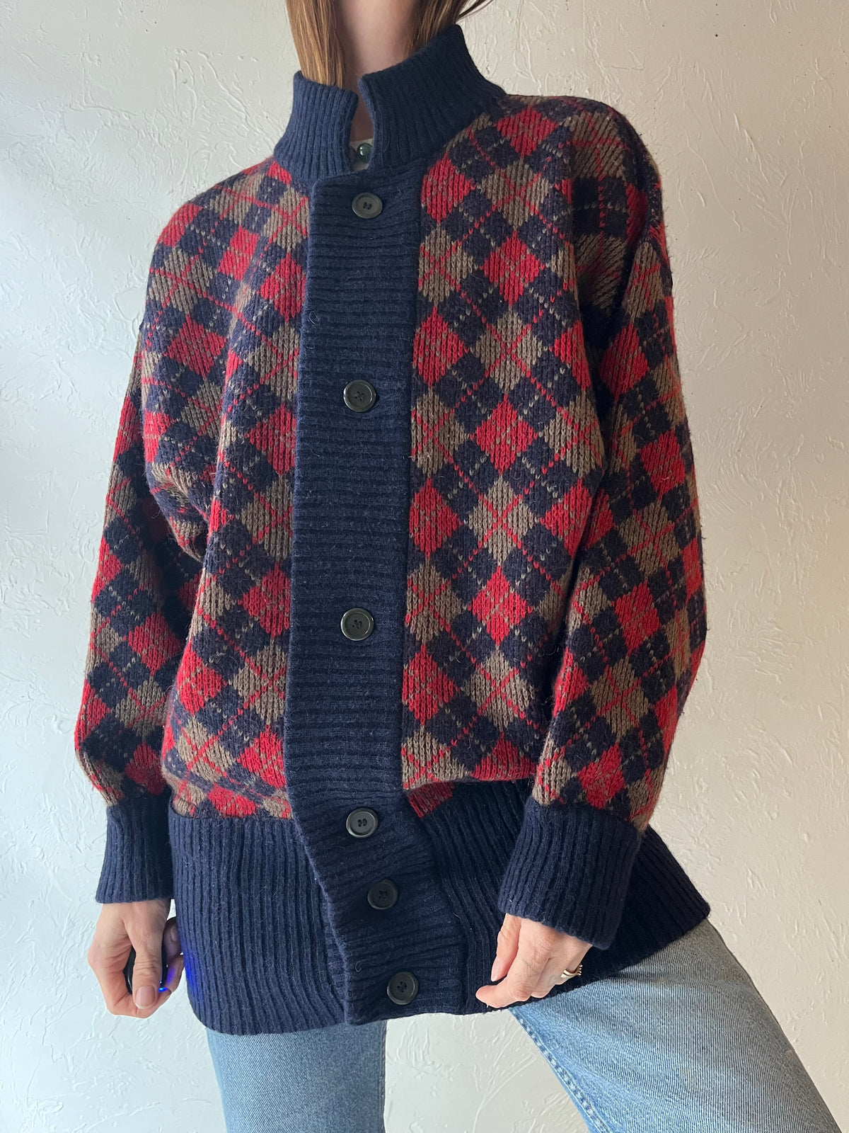 80s 'Fenzi' Argyle Knit Cardigan Sweater / Large