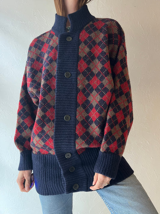 80s 'Fenzi' Argyle Knit Cardigan Sweater / Large
