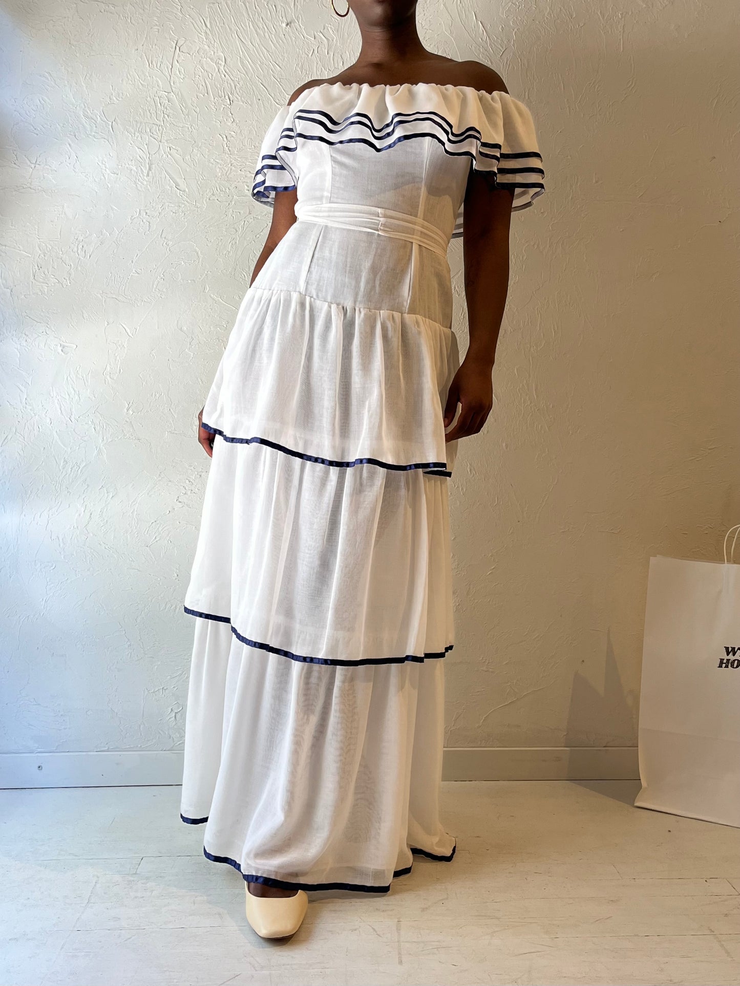 70s 'Roberta' White Tiered Maxi Dress / Medium