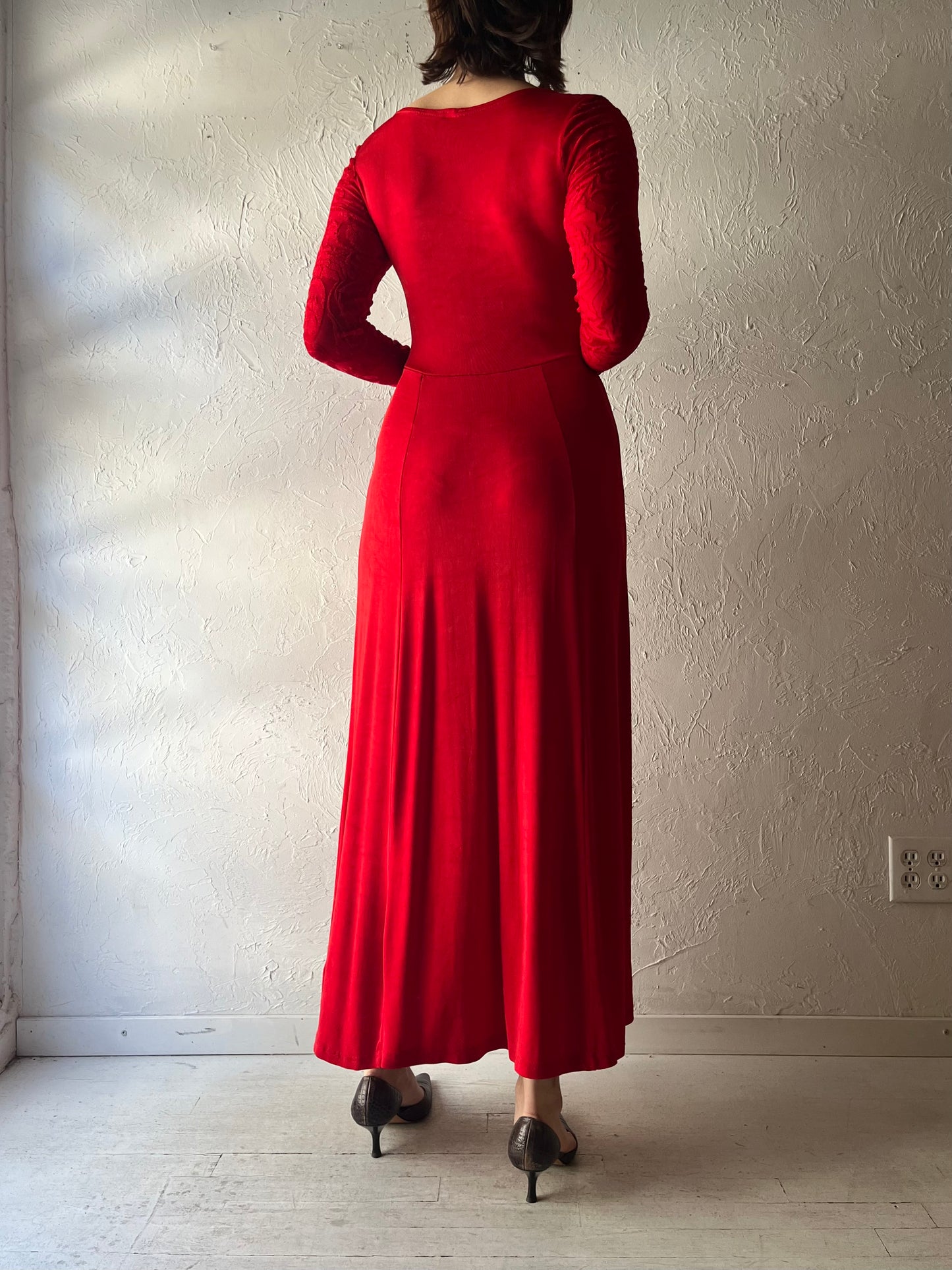 90s 'Style Works' Red Retro Romantic Fitted Maxi Dress / Small - Medium
