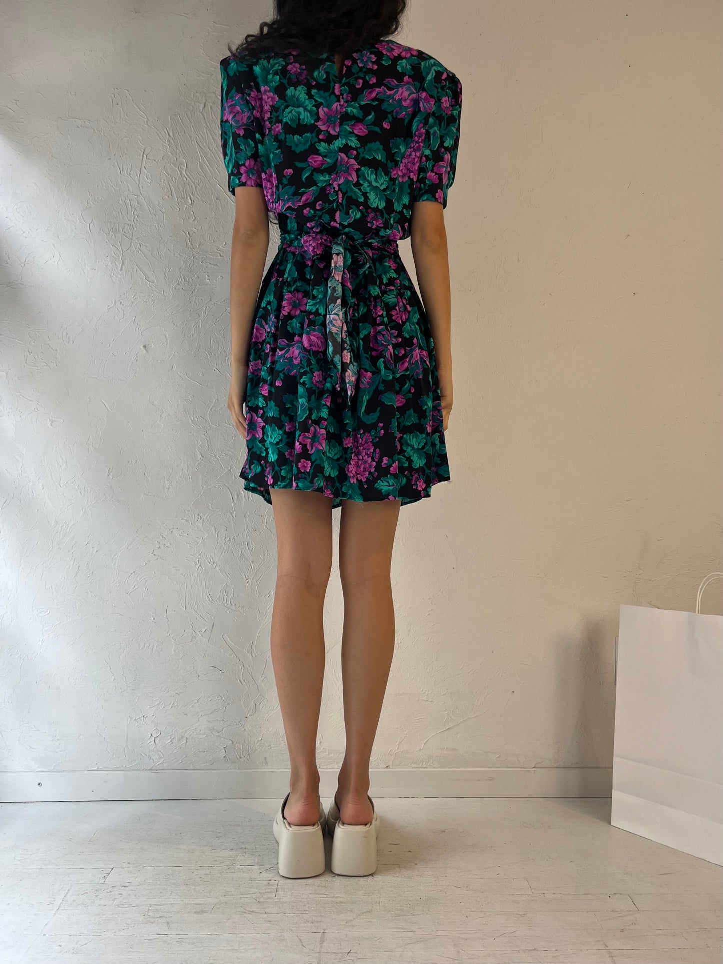 80s 'Vittoria Virini' Floral Print Midi Dress / Medium