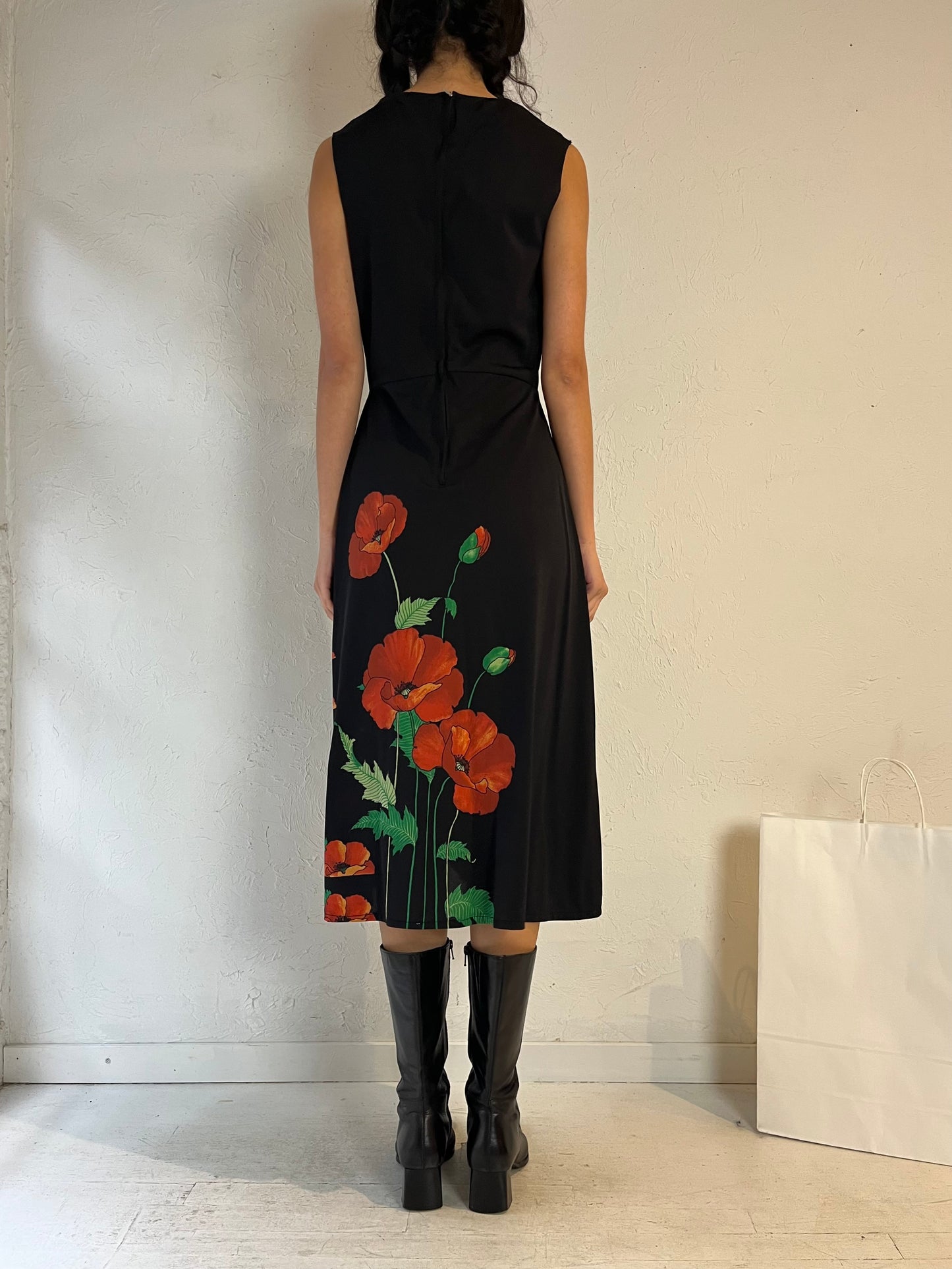 90s ‘Ein Fink Model’ Black Floral Midi Dress / Large