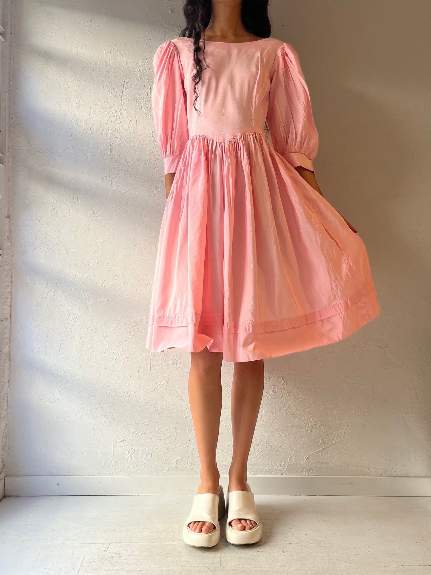 Vintage Handmade Pink Puff Sleeve Midi Dress / Small