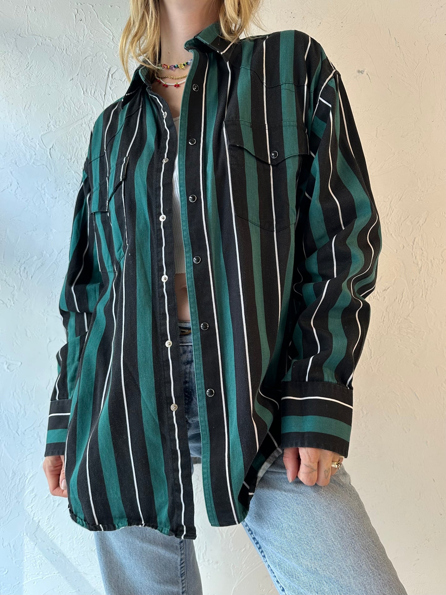 Vintage 'Wrangler' Striped Cotton Western Black Snap Shirt / XL