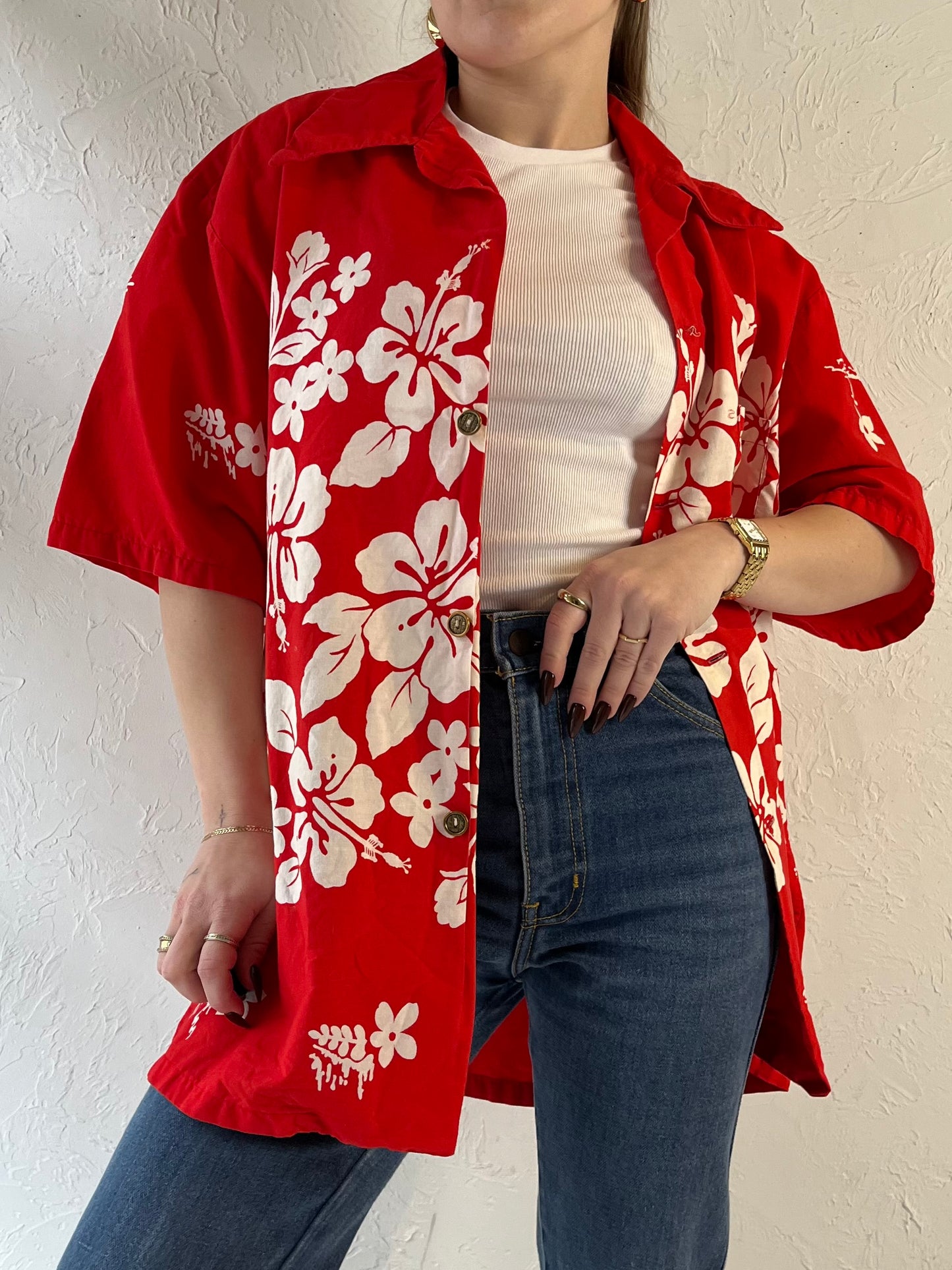 70s ‘Ui Maikai’ Red Cotton Hawaiian Shirt / Medium