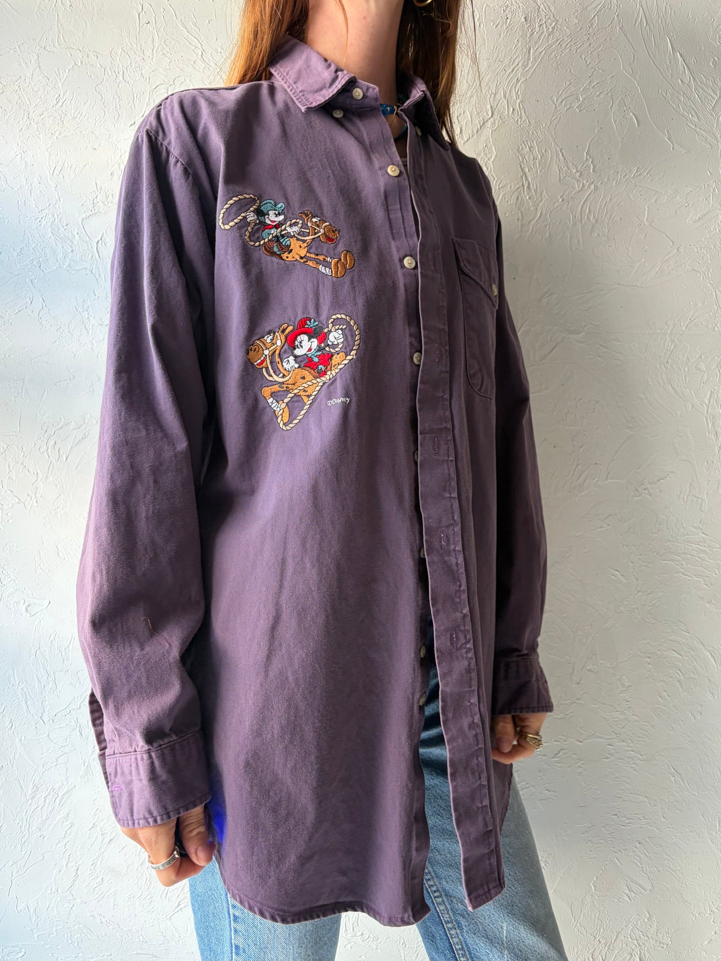 90s 'Disney Mickey & Co' Purple Embroidered Western Character Shirt / Large