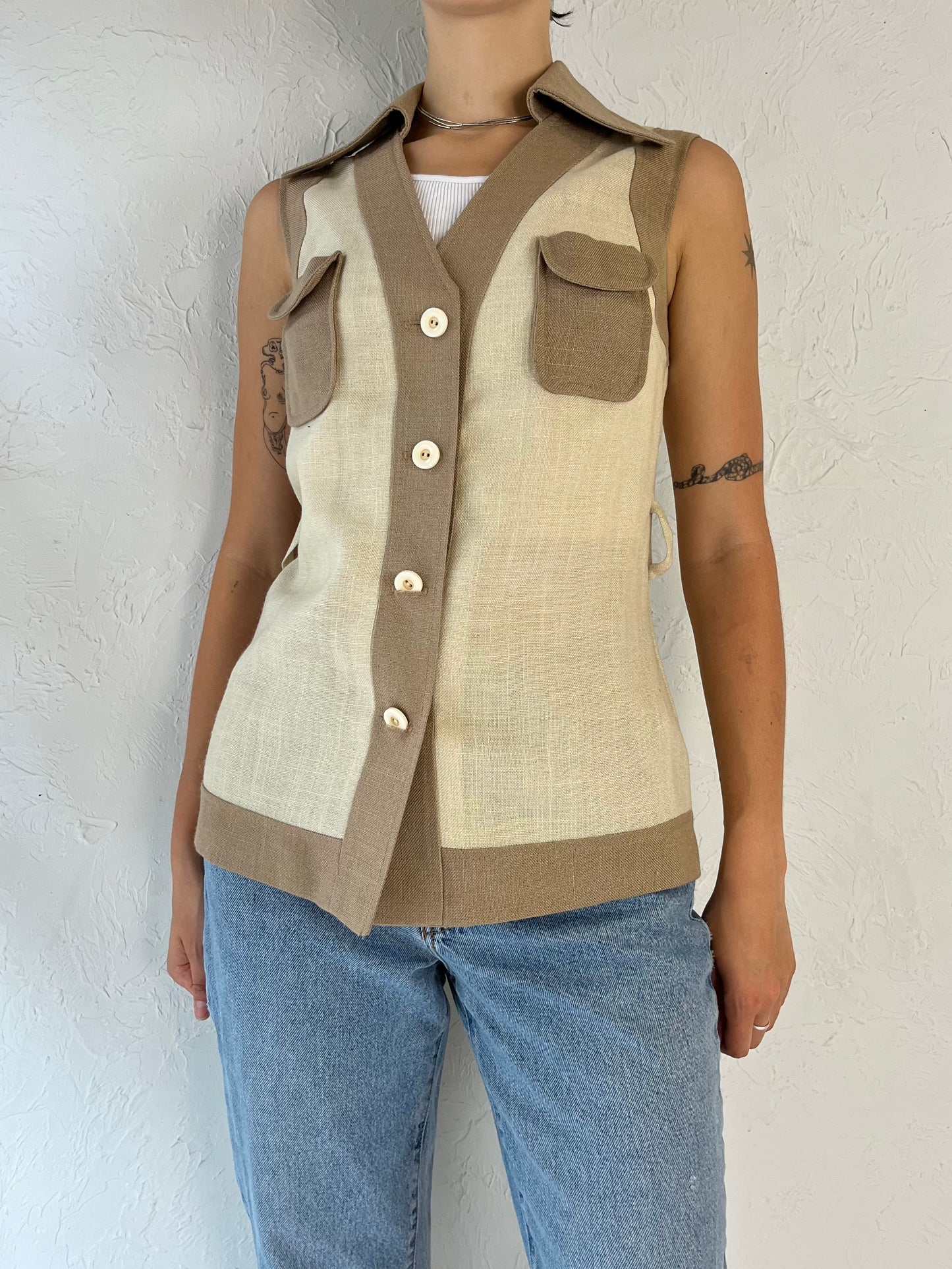 80s 'Lee Parker' Two Tone Beige Vest Top / Small