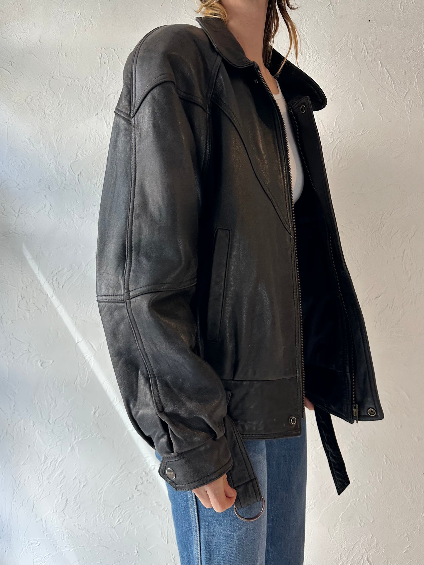 90s Black Leather Bomber Jacket / Medium