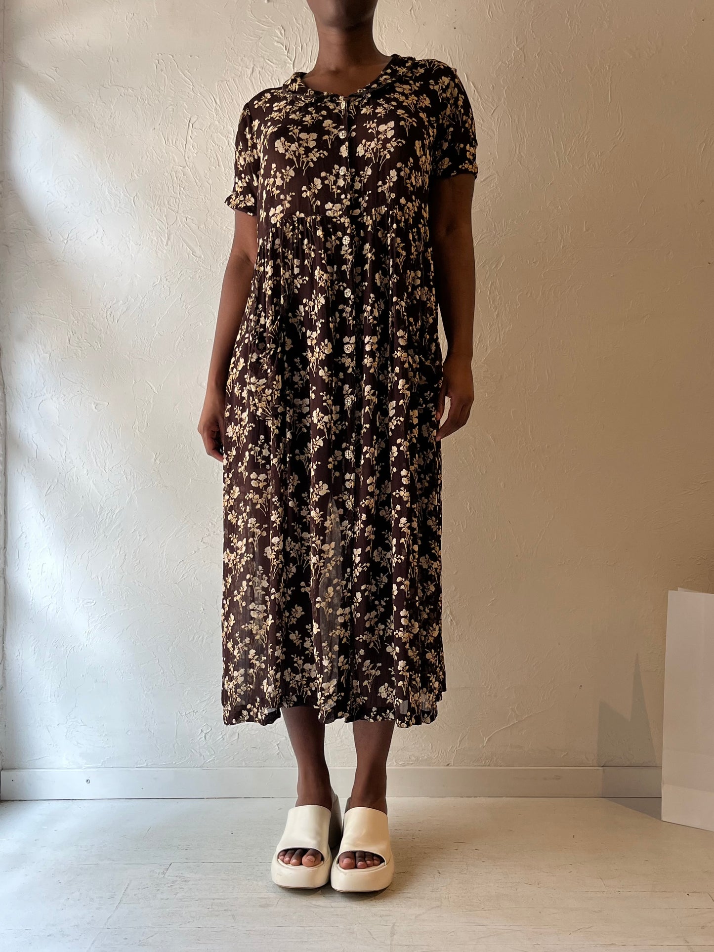 90s 'April Cornell' Brown Floral Print Rayon Midi Dress / Large