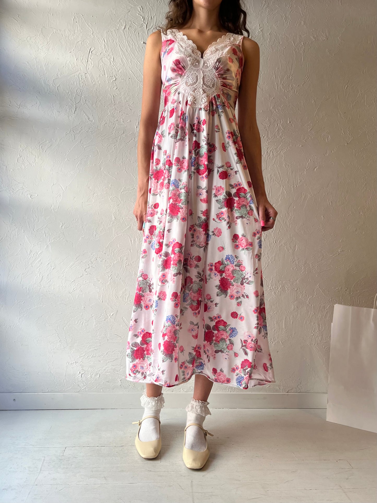 70s 'Olga' White Floral Slip Dress / Small