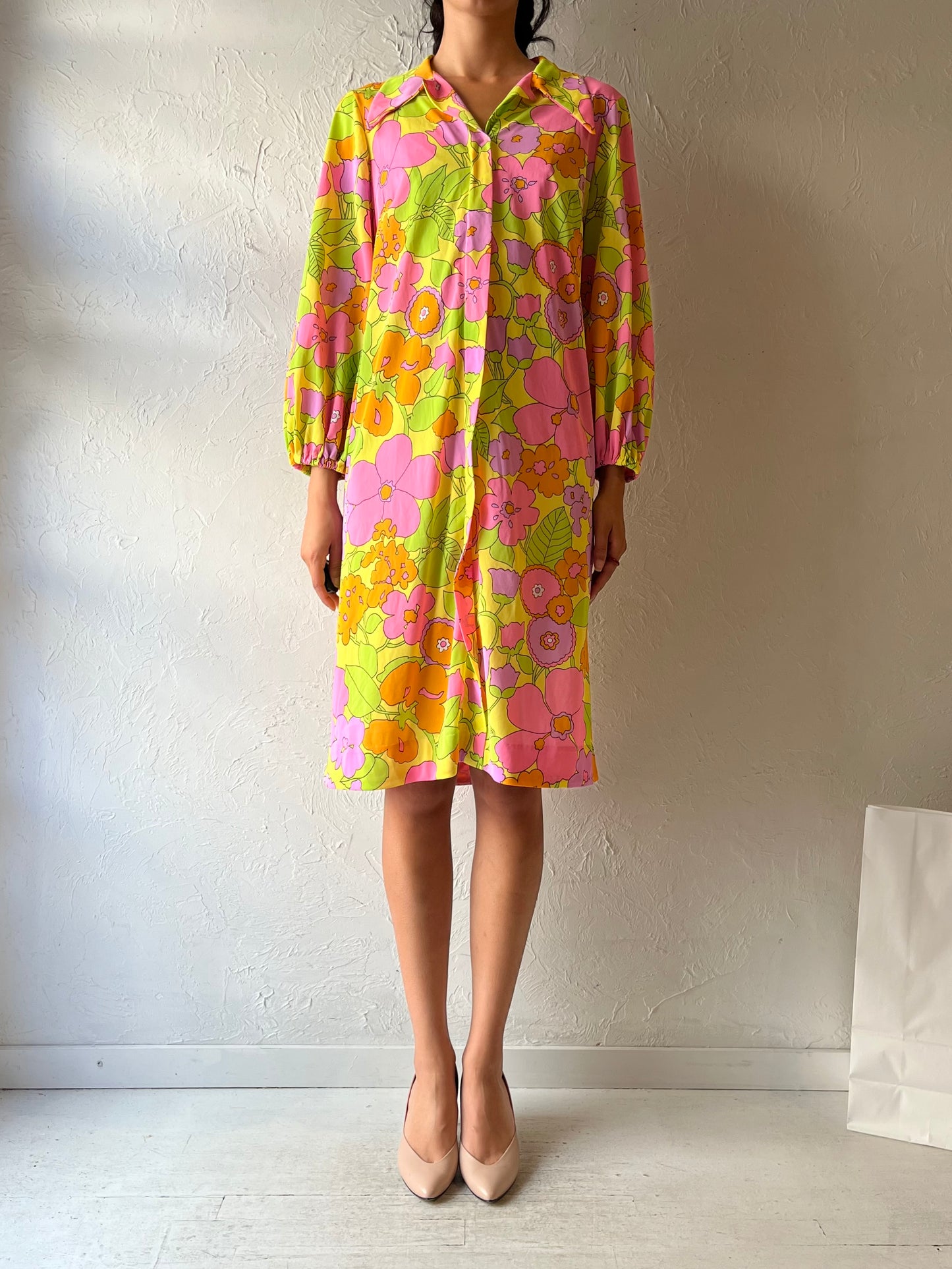 70s ‘Le Voys’ Retro Long Sleeve Shirt Dress / Medium