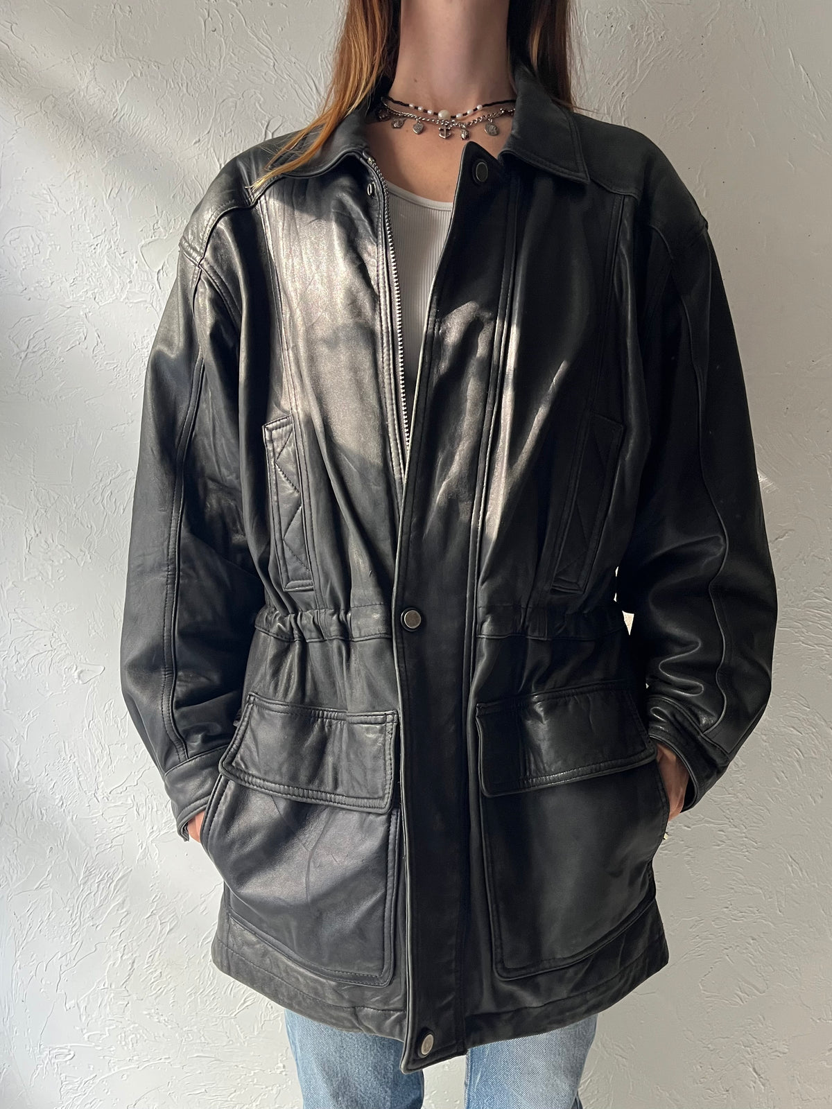 90s 'Danier' Drawstring Leather Jacket / Small