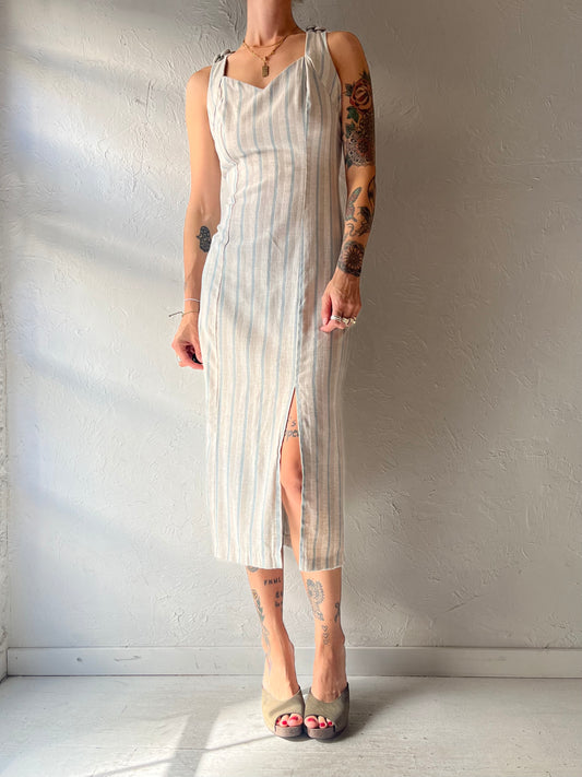 90s 'DBY' Striped Cross Back Midi Dress / Small