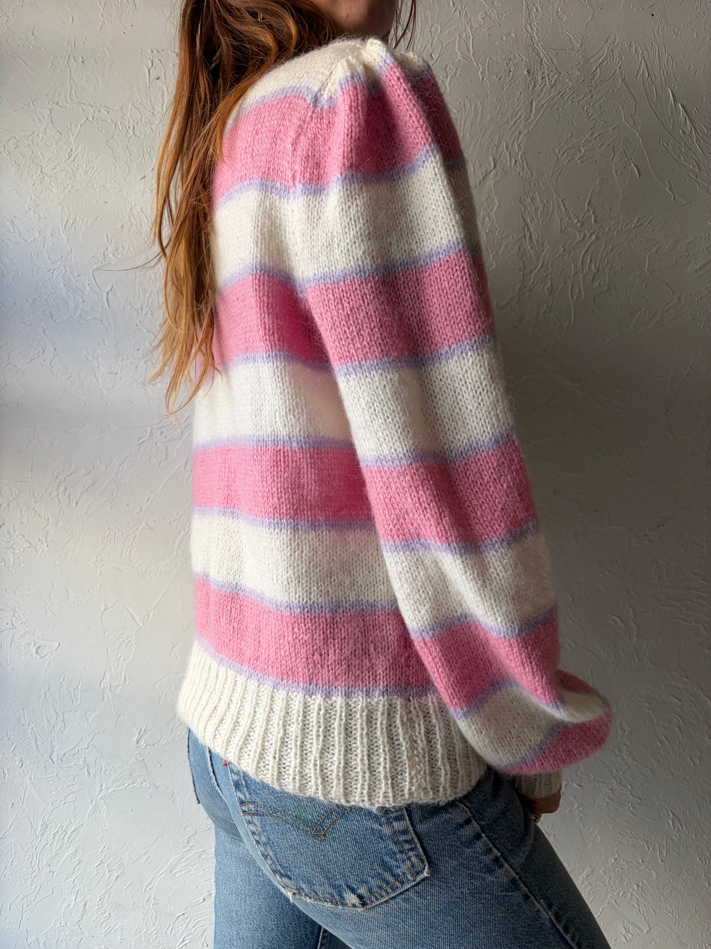 Vintage Hand Knit Striped Wool Henley Sweater / Medium