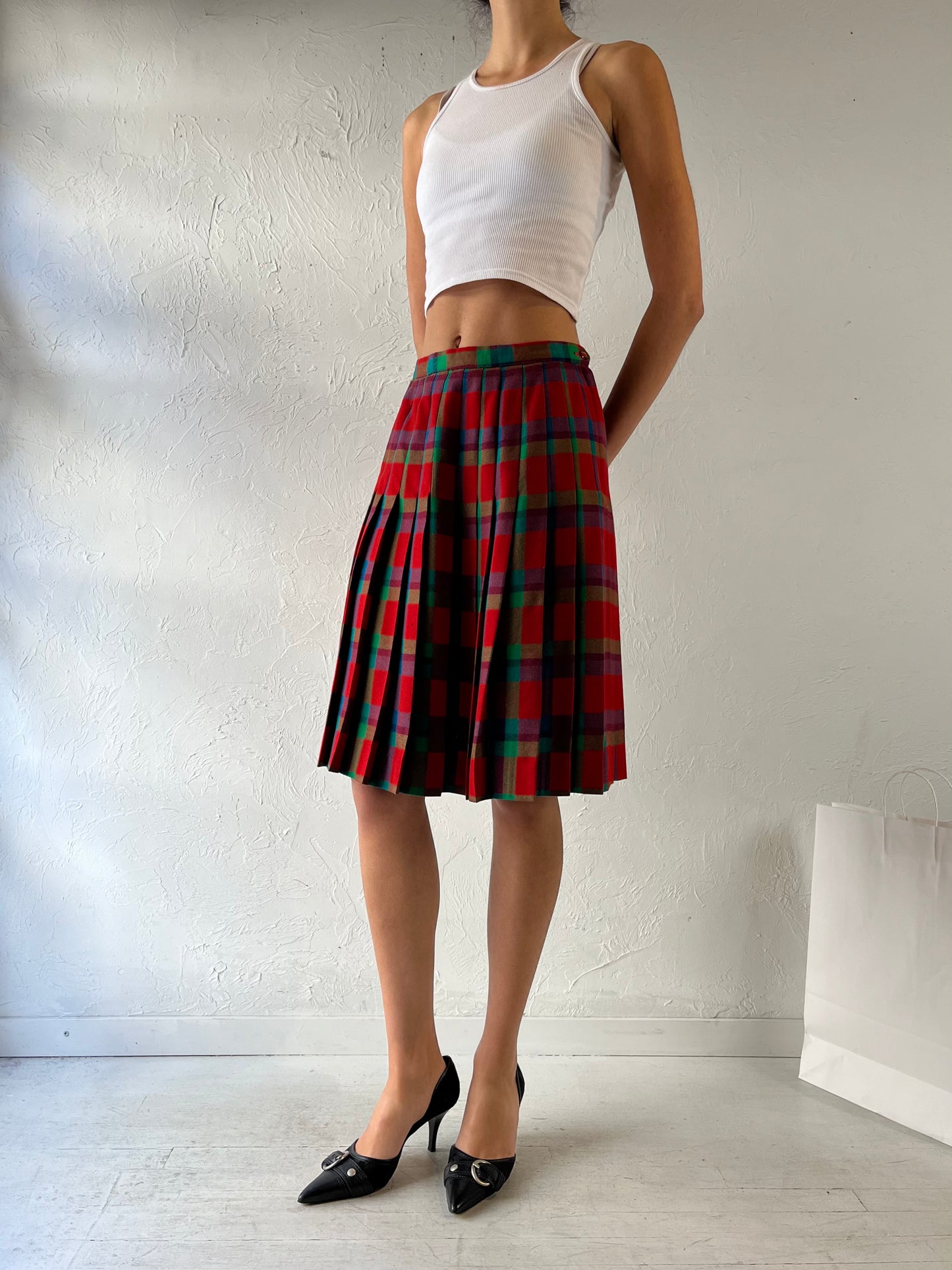 80s ‘Tan Jay’ Pleated Plaid Wool Midi Skirt / Medium