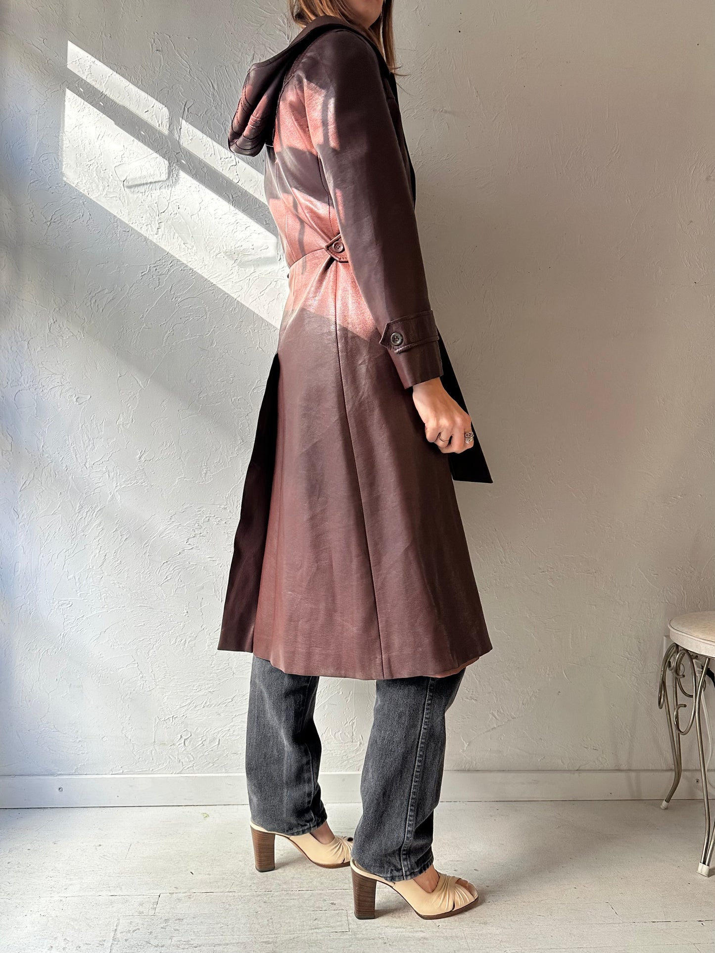 70s Brown Leather Hooded Coat / Small