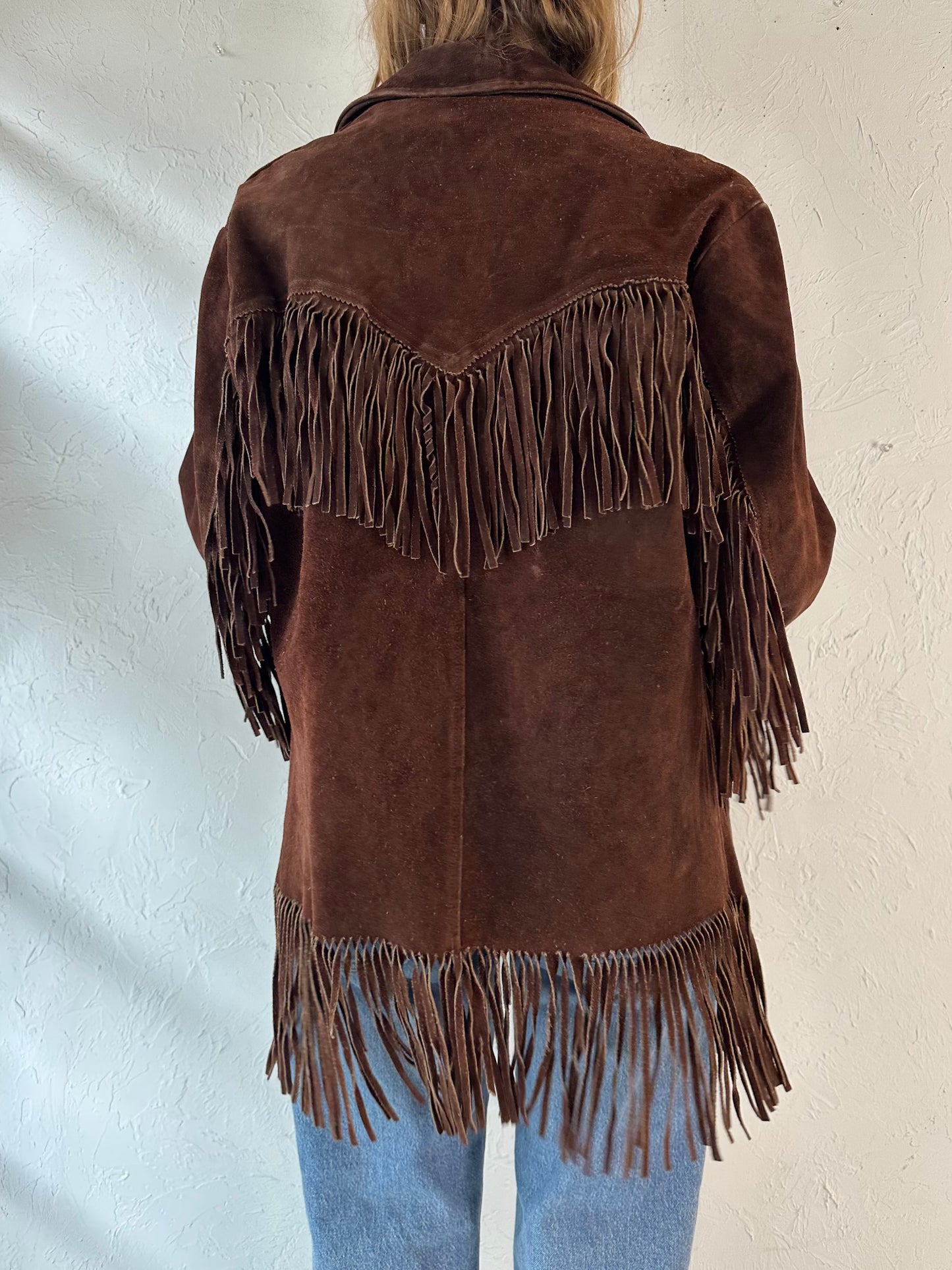 70s 'Sports Master' Brown Suede Leather Fringe Jacket / Medium