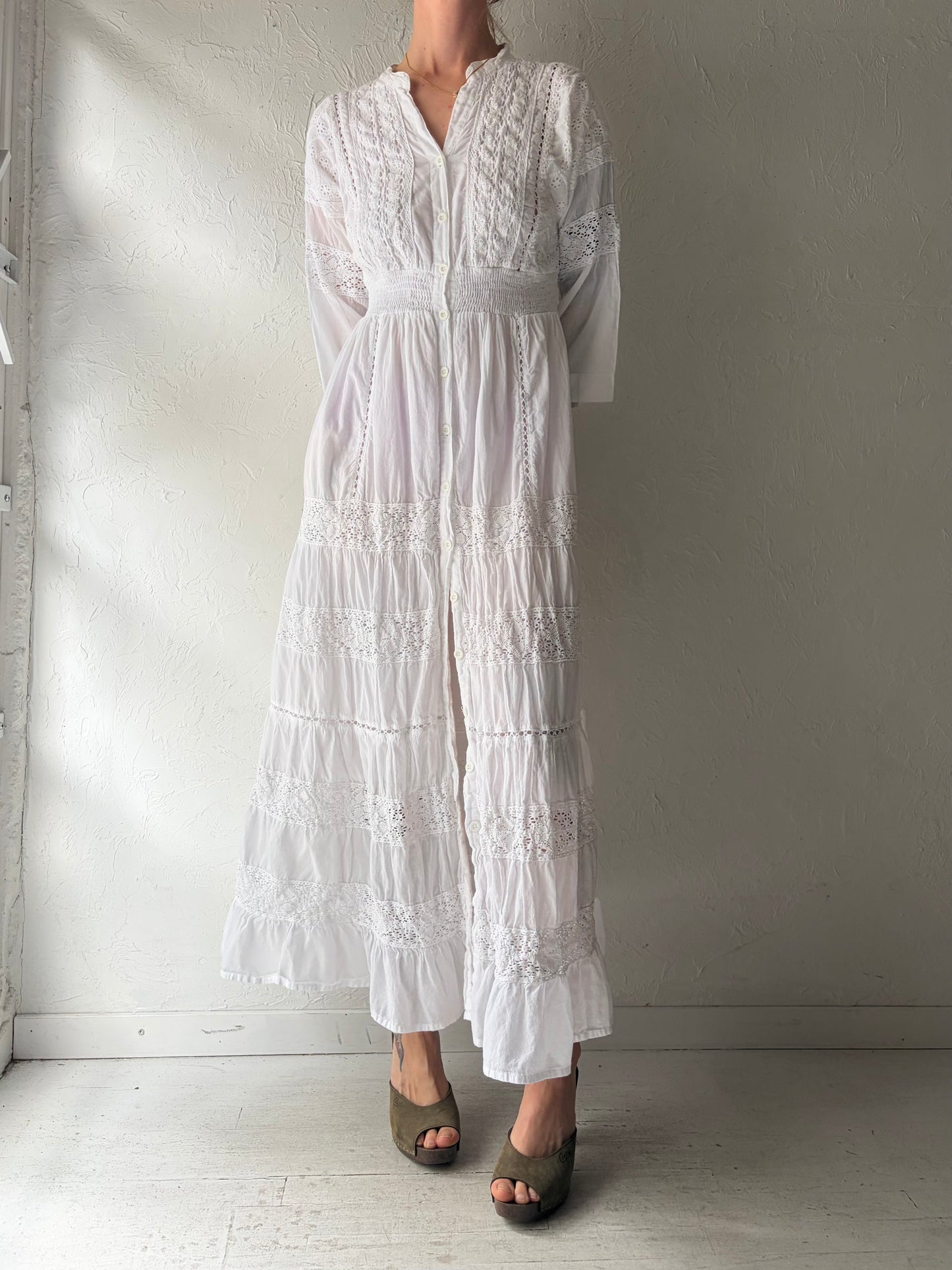 Vintage 'Magic' White Cotton Crochet Hippie Maxi Dress / Medium