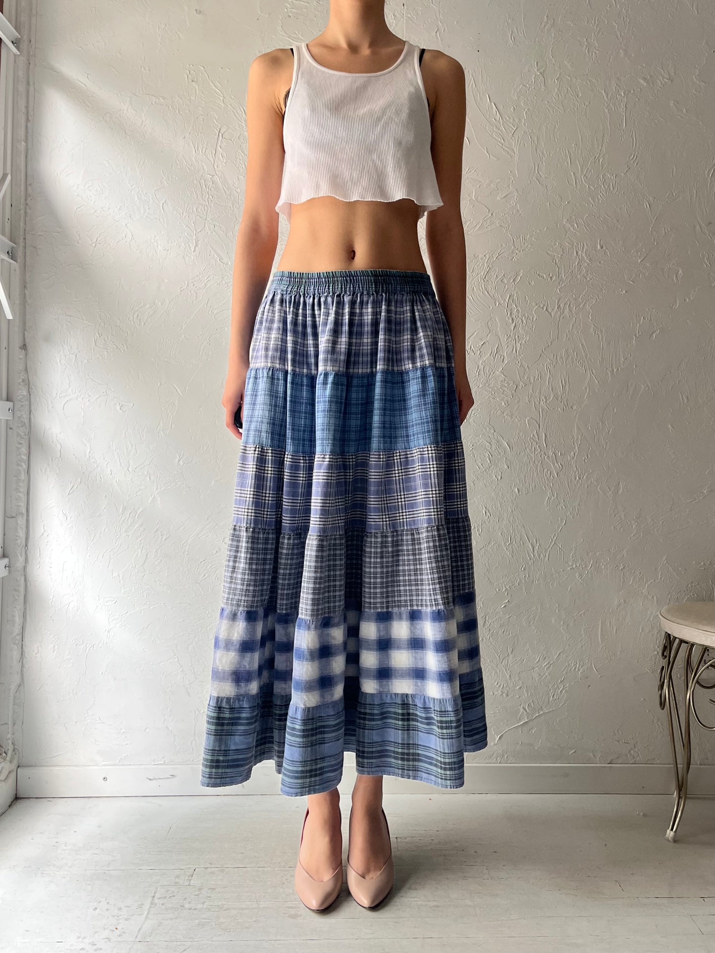 90s 'St Johns Bay' Blue Patchwork Cottage Core Maxi Skirt / Medium
