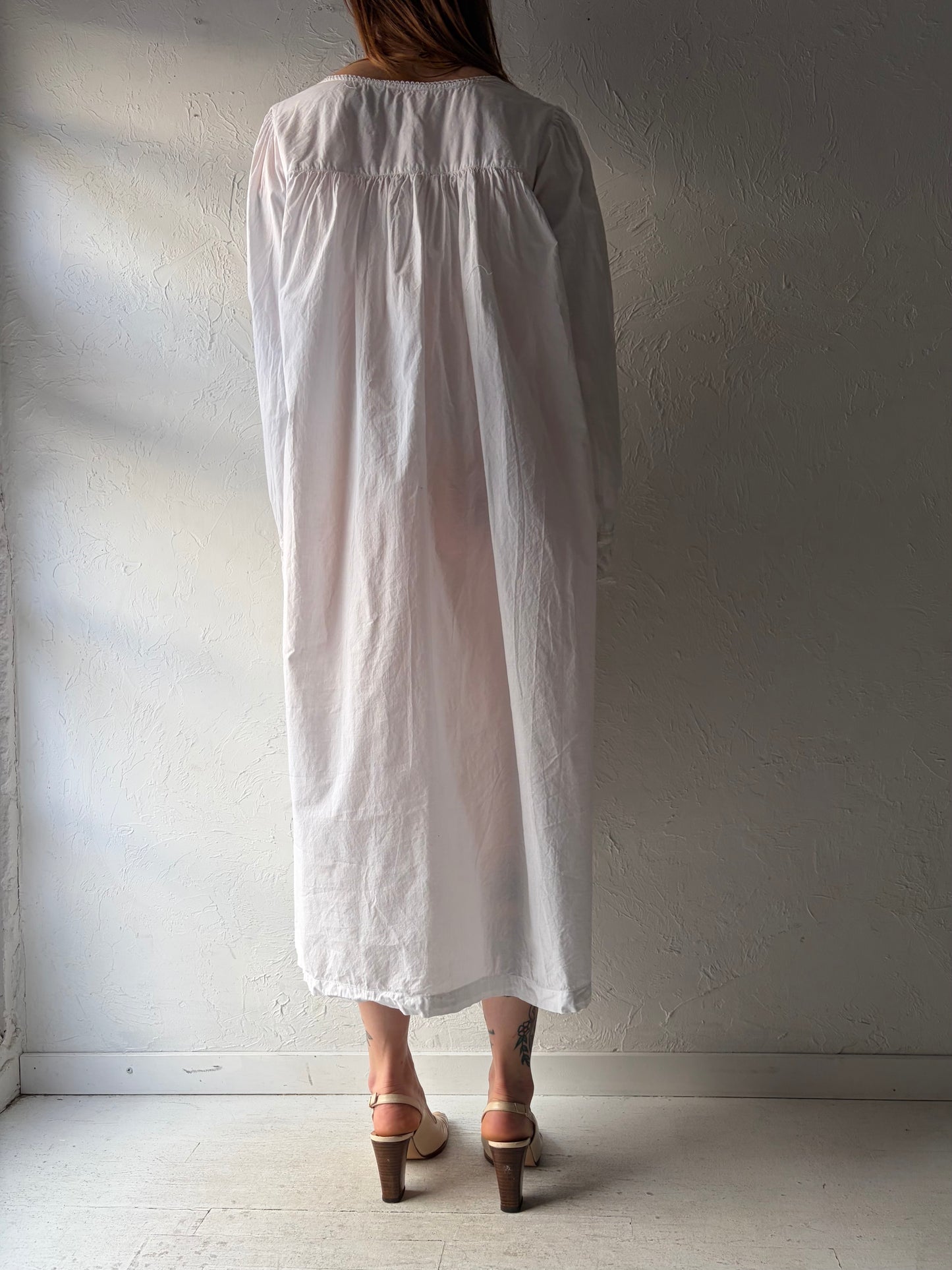 90s 'Honors' Long Sleeve White Cotton Dress / Large