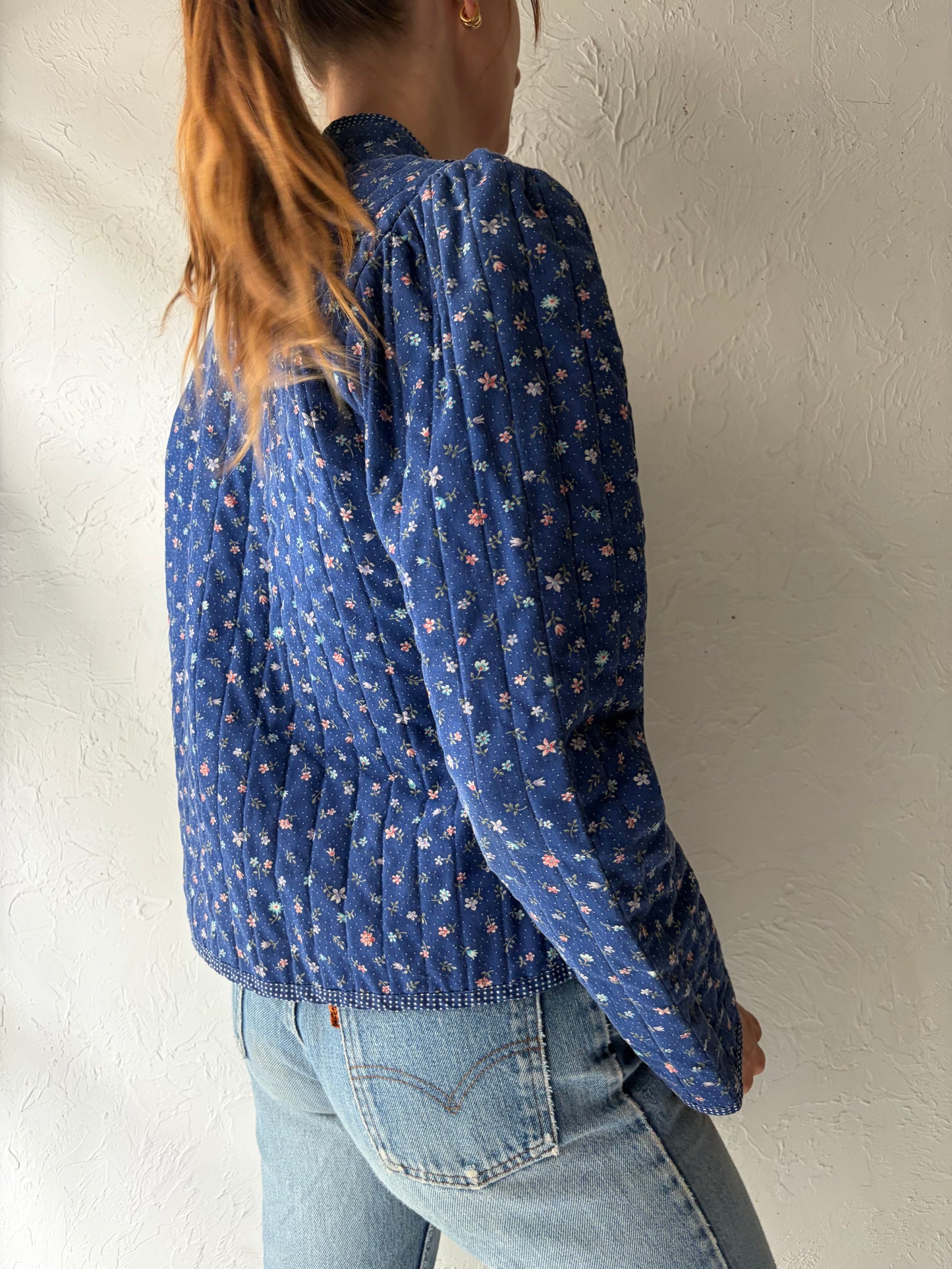 80s 'You Babes' Blue Cottage Core Quilt Jacket / Medium
