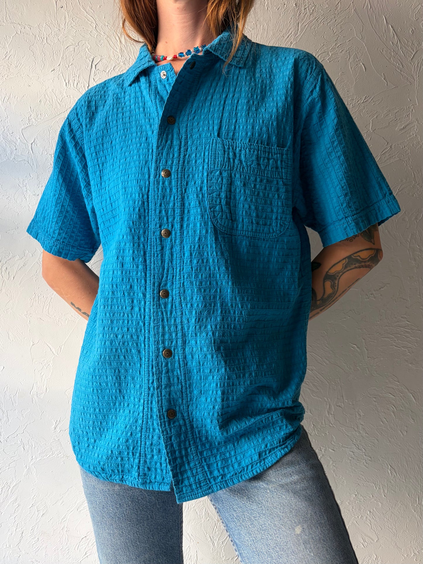 90s 'Ezze Wear' Blue Cotton Normcore Minimalist Snap Up Short Sleeve Shirt / Small