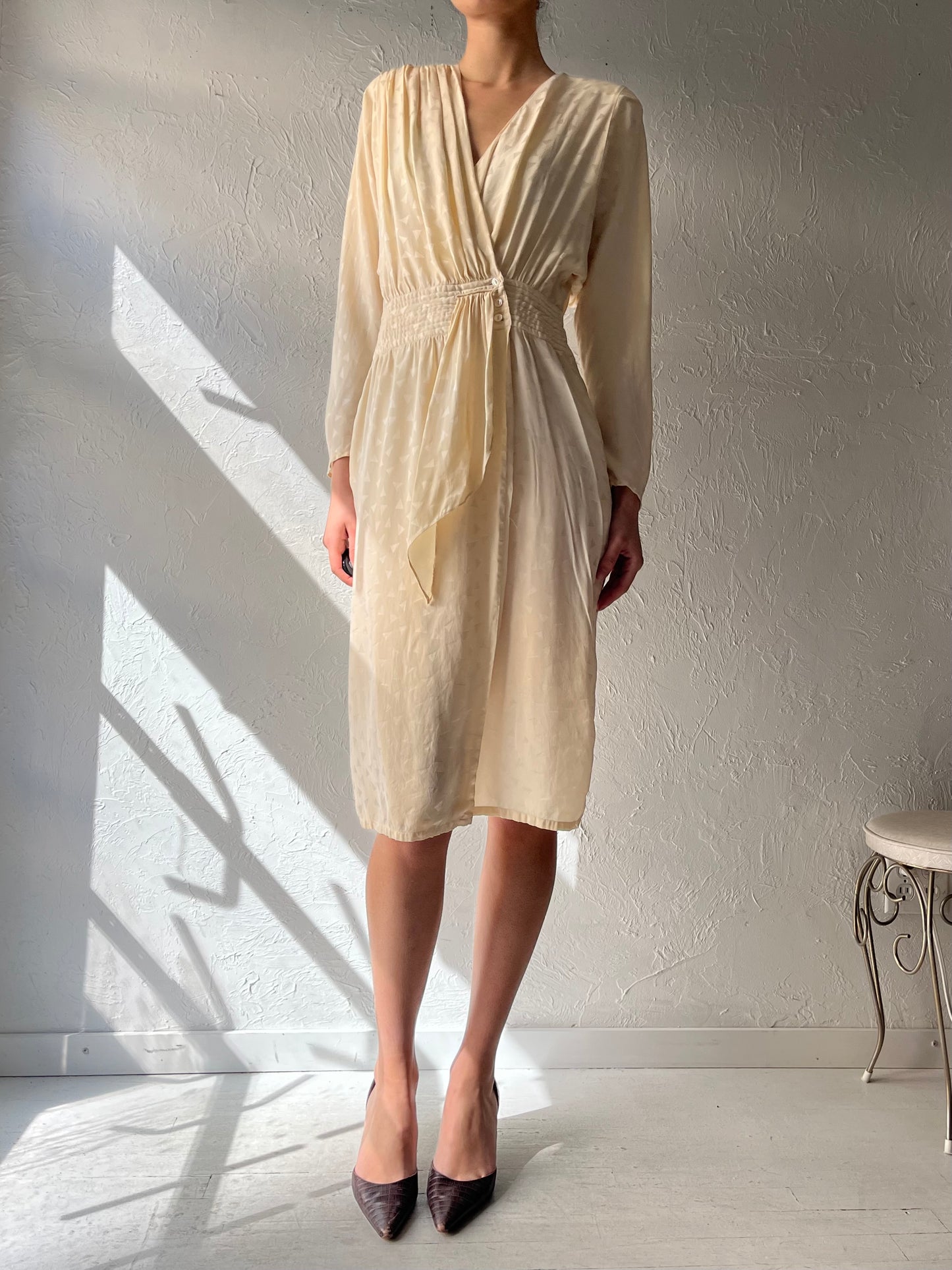 80s 'Nora Noh' Cream Silk Retro Long Sleeve Dress / Vintage 1980s Wrap Midi Dress / Medium