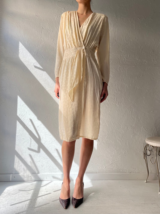 80s 'Nora Noh' Cream Silk Retro Long Sleeve Dress / Vintage 1980s Wrap Midi Dress / Medium