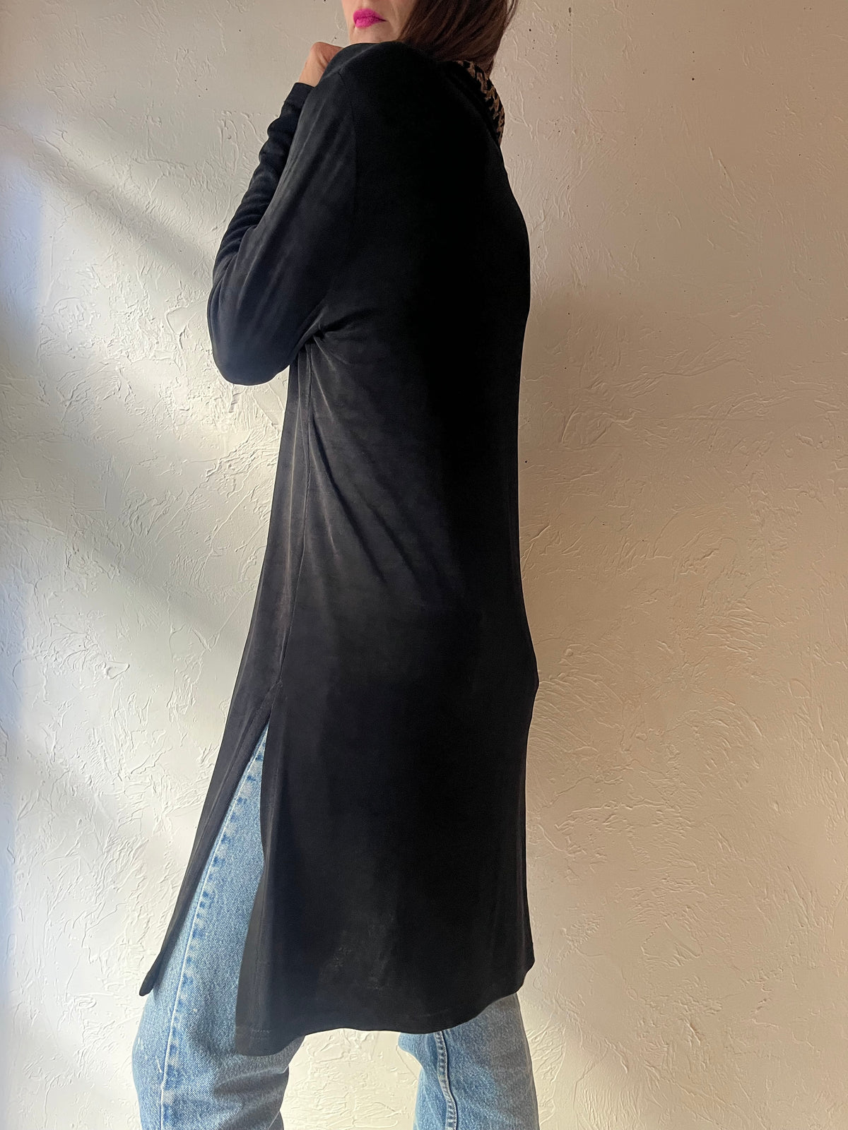 90s ‘Artex Collection’ Black Leopard Collar Duster Animal Print Long Jacket / Medium