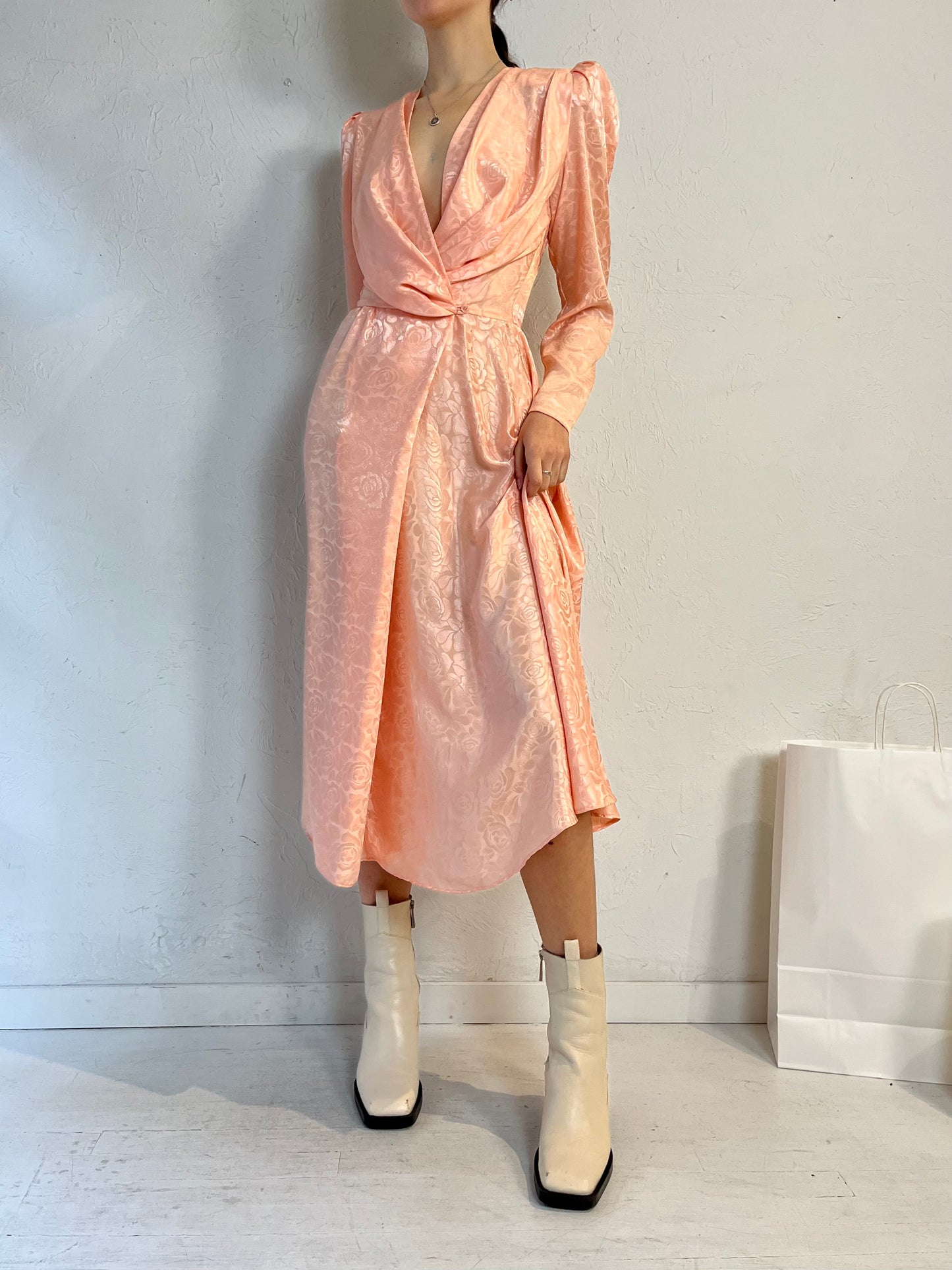 80s 'Roche De Paris' Pink Embossed Polyester Dress / Small