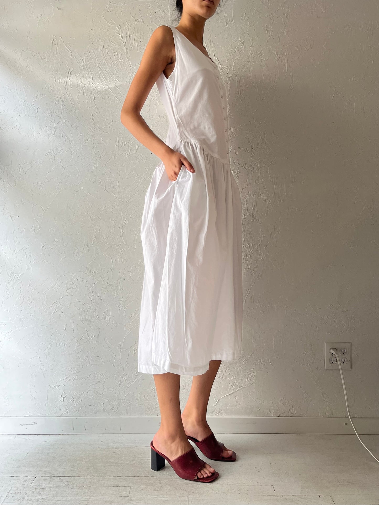 90s 'Auoca' White Cotton Midi Dress / Medium