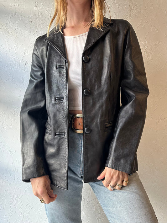 90s ‘Planet Euro’ Black Leather Jacket / Small