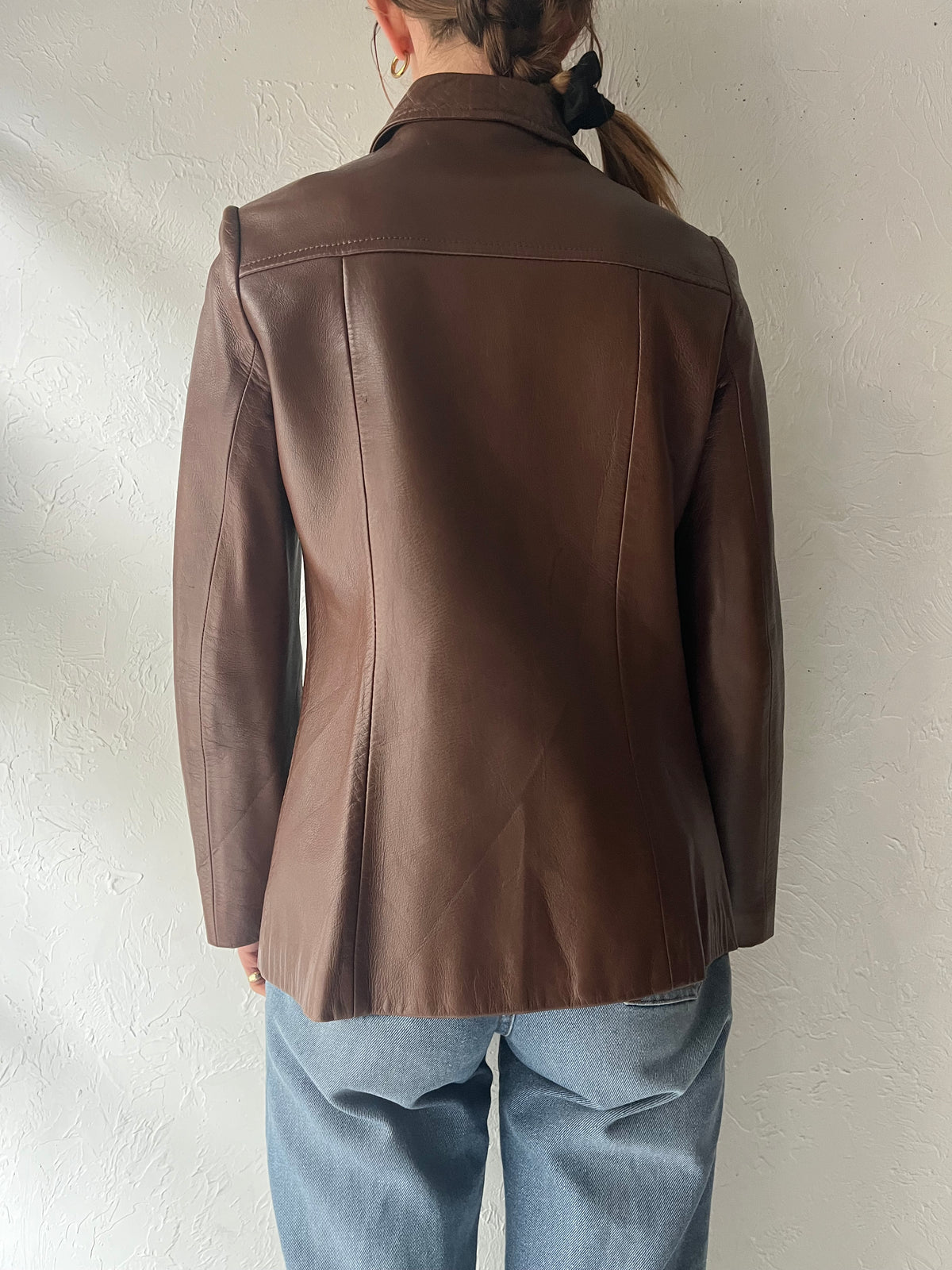 90s 'Induyco' Brown Snap Up Minimalist Leather Jacket / Small