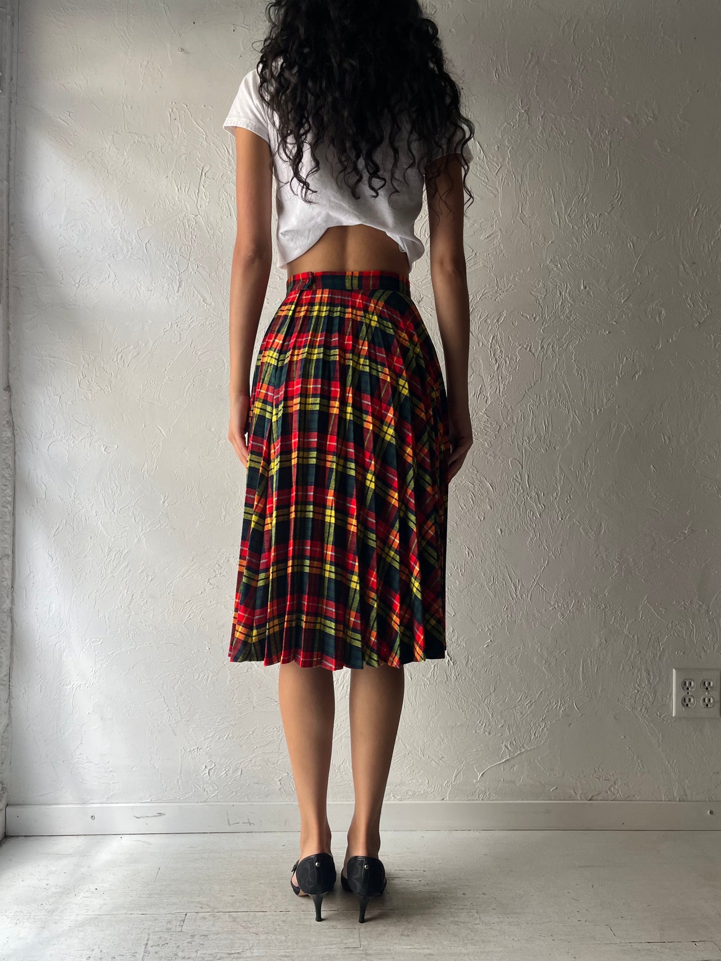70s 'Barakett' Pleated Plaid Knit Midi Skirt / XS