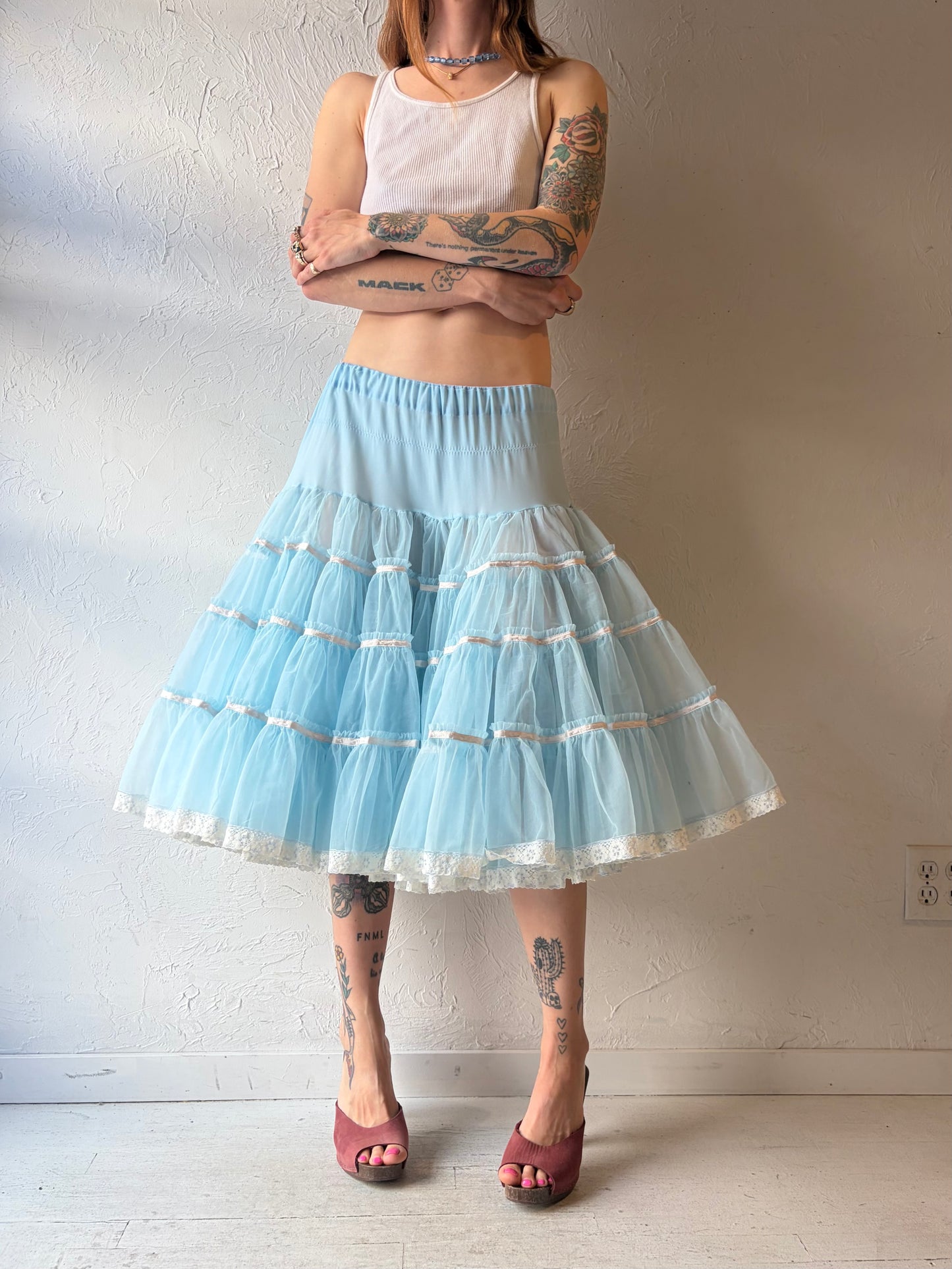 Vintage 'Sams' Blue Tiered Mesh Petticoat Skirt  / Large