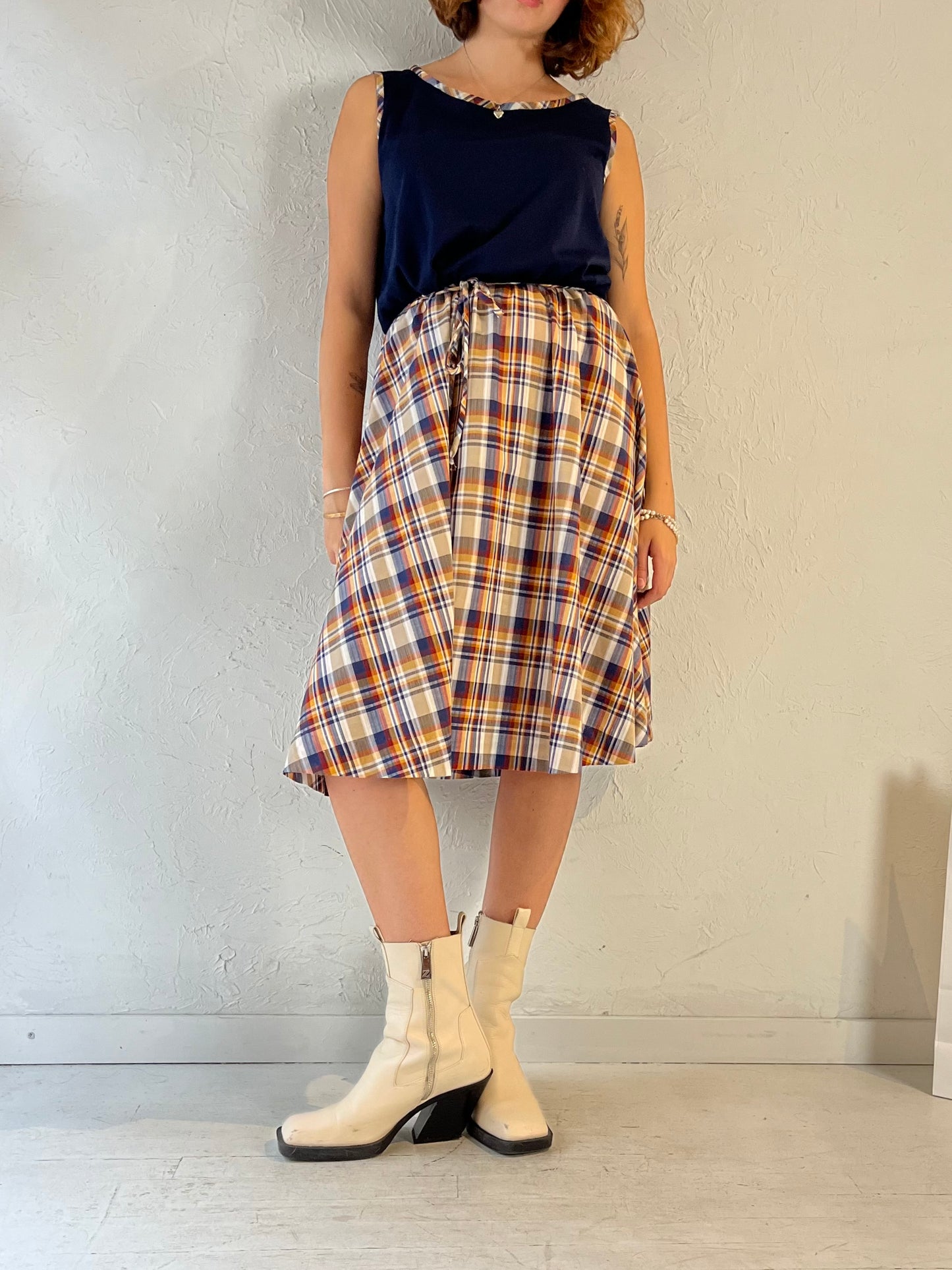 70s 'Toni Todd' Plaid Sleeveless Midi Dress / Medium