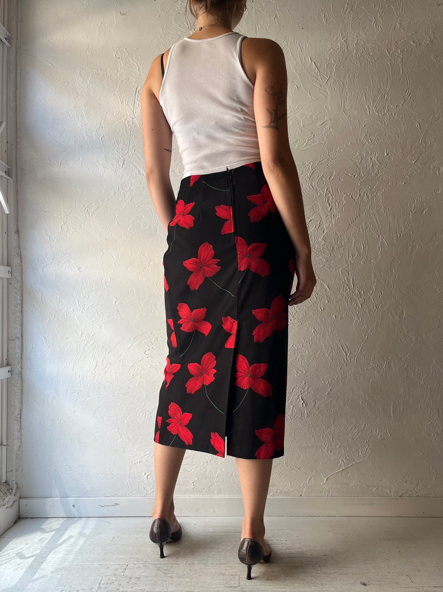 90s 'Briggs' Black Floral Minimalist Office Dark Academia Pencil Midi Skirt / Small