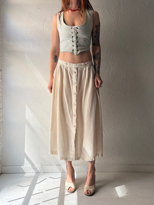 90s 'Editions' Cream Linen Rayon Button Up Skirt / Medium
