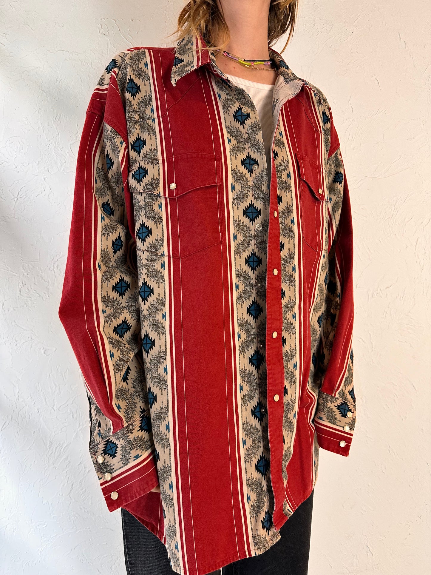 90s 'Wrangler' Aztec Western Pearl Snap Shirt / XXL