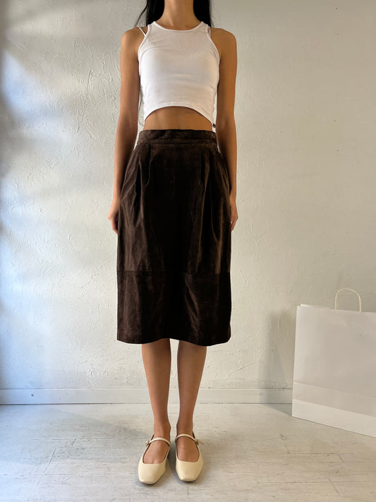 90s ‘Danier’ Brown Suede Leather Midi Skirt / Medium