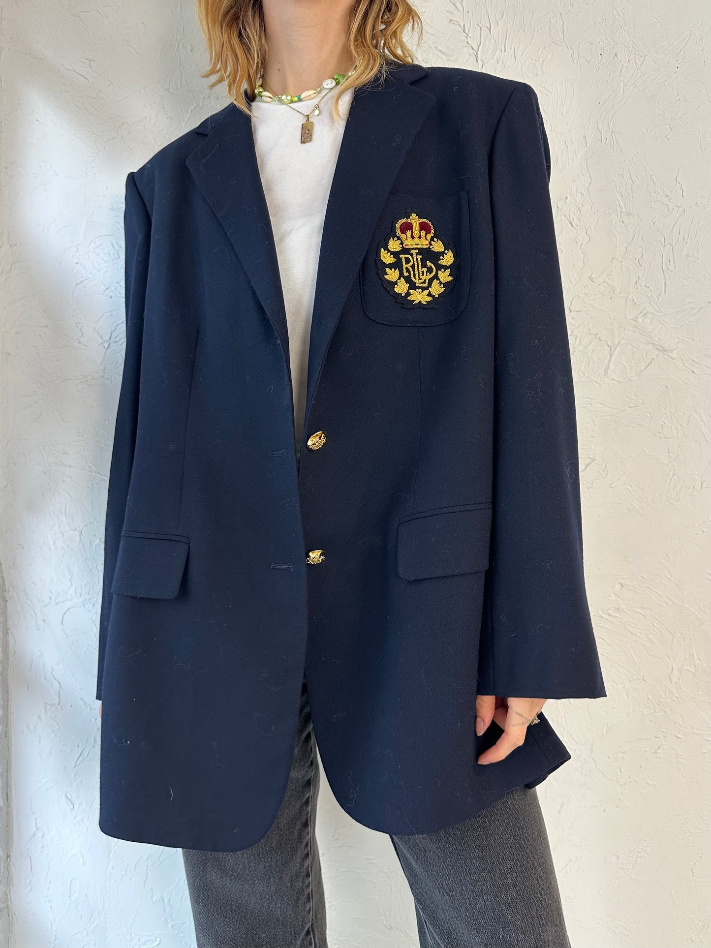 90s 'Ralph Lauren' Navy Blue Wool Blazer Jacket / Large