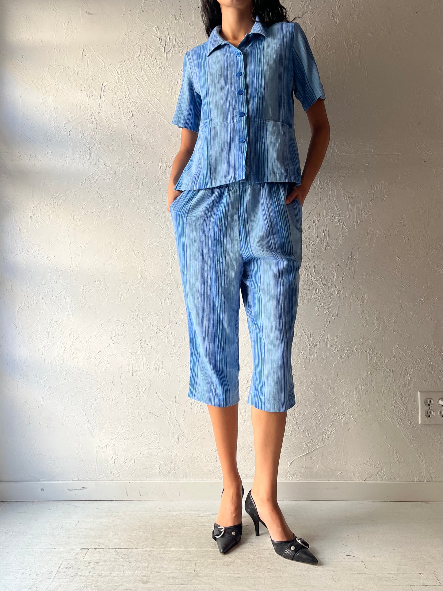 Vintage 'Alia' Blue Striped Two Piece Capri Set / Medium