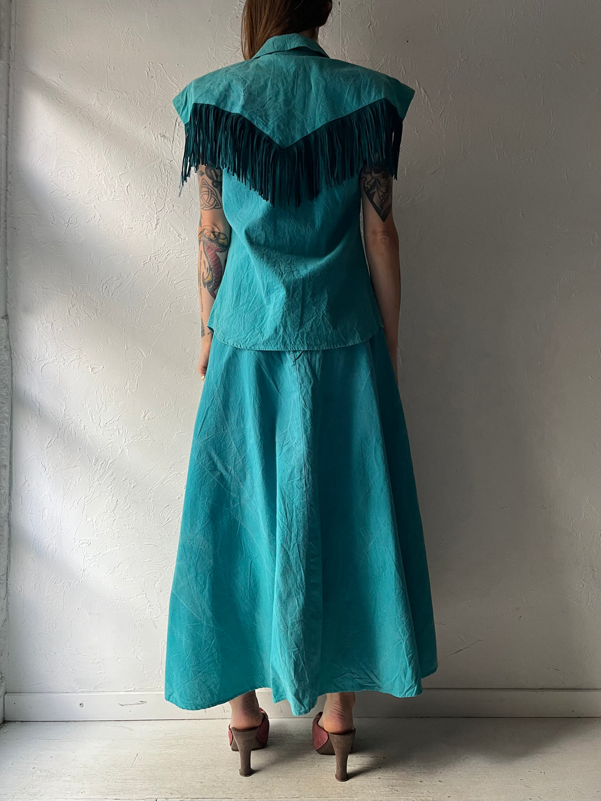 80s 'Liz E Parker' Blue Western Fringe Set / Medium
