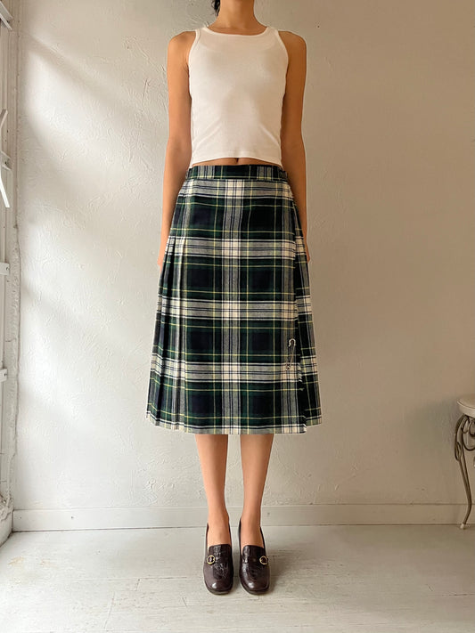 90s 'BHS' Pleated Plaid Wrap Skirt / Medium