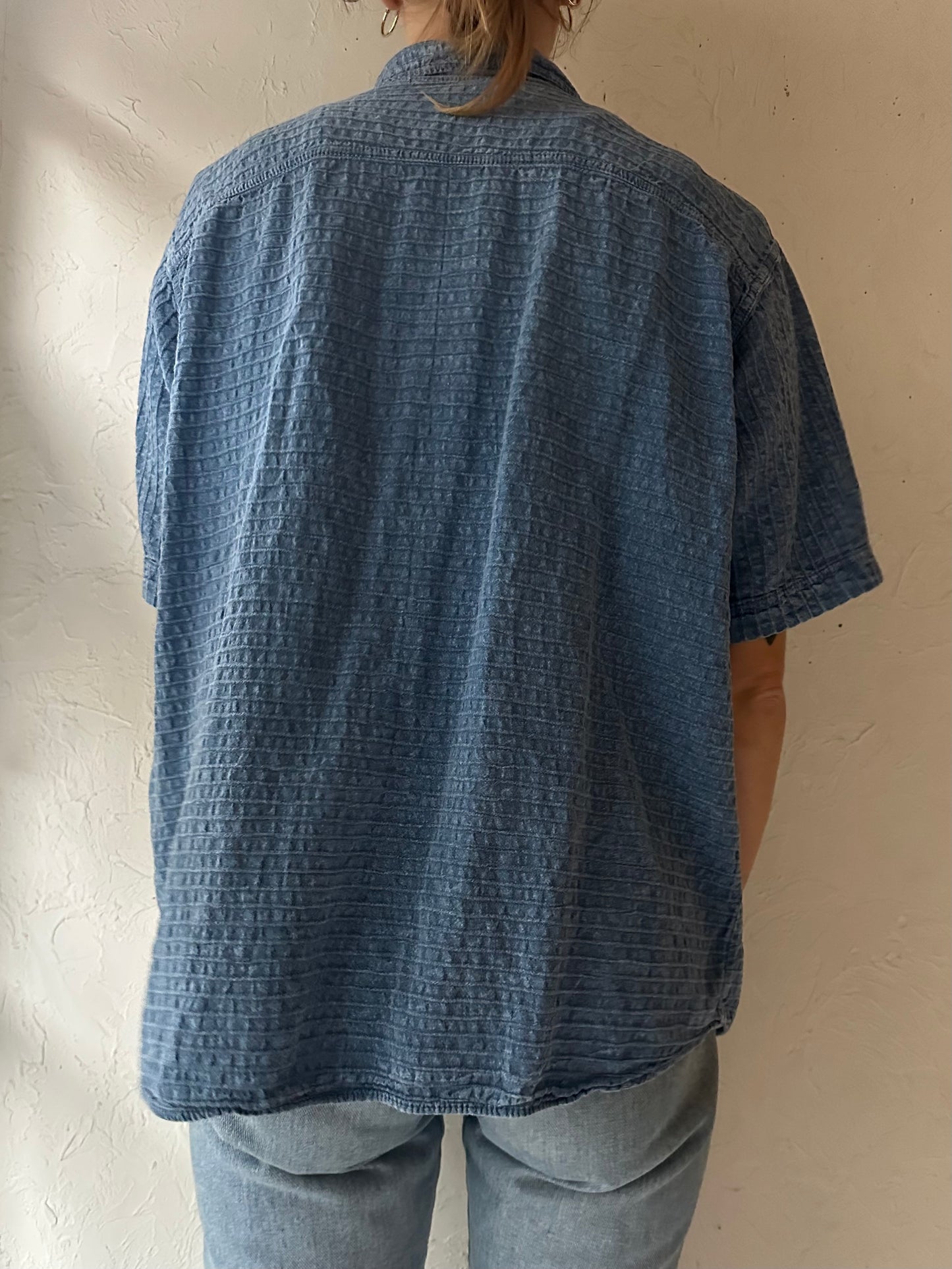 Y2k 'Ezzewear' Blue Snap Up Shirt / Medium