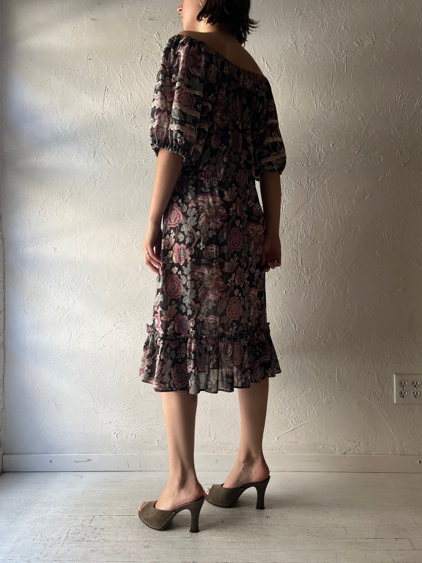 Vintage Handmade Floral Cottagecore Boho Flowy Summer Dress / Vintage Prairie Garden Party Sun Dress / Large